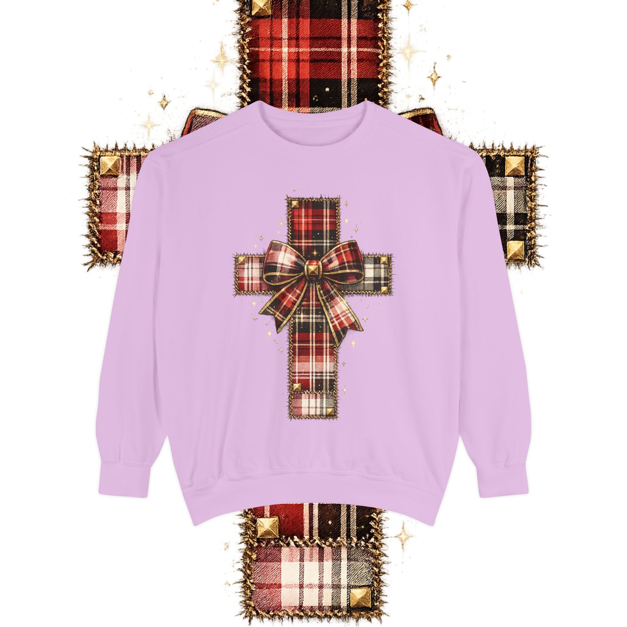 Plaid Bow Cross Sweatshirt — Christmas Plaid Religious Holiday Crewneck