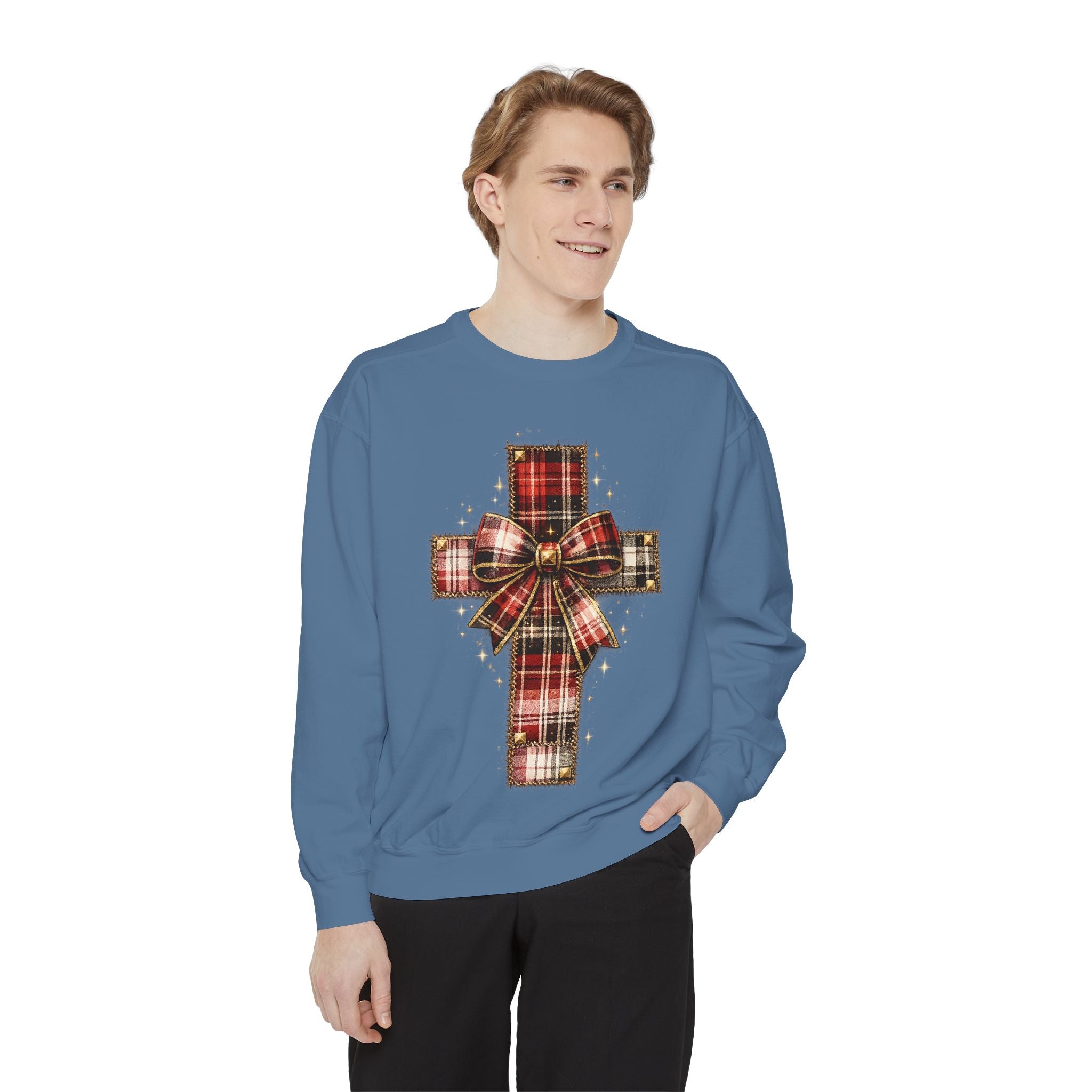 Plaid Bow Cross Sweatshirt — Christmas Plaid Religious Holiday Crewneck