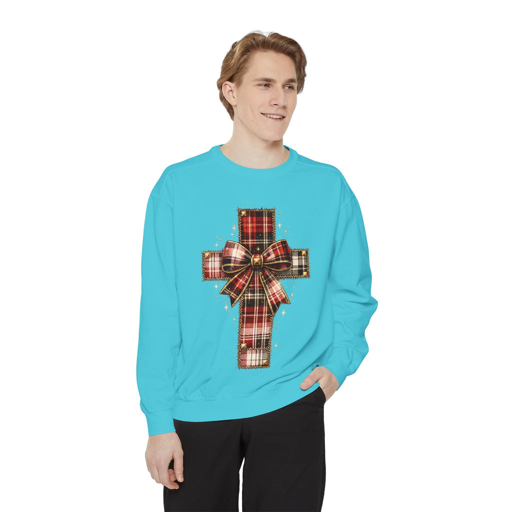 Plaid Bow Cross Sweatshirt — Christmas Plaid Religious Holiday Crewneck