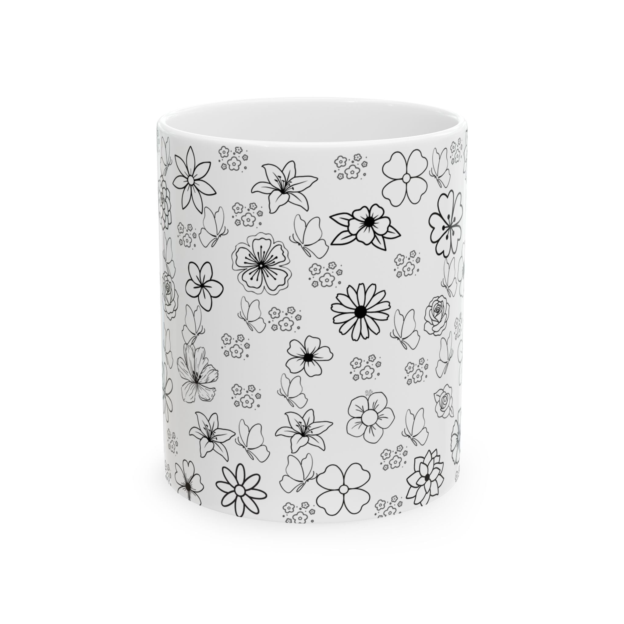 Black Floral Doodle Ceramic Mug (11oz & 15oz) — Hand-Drawn Flower Pattern