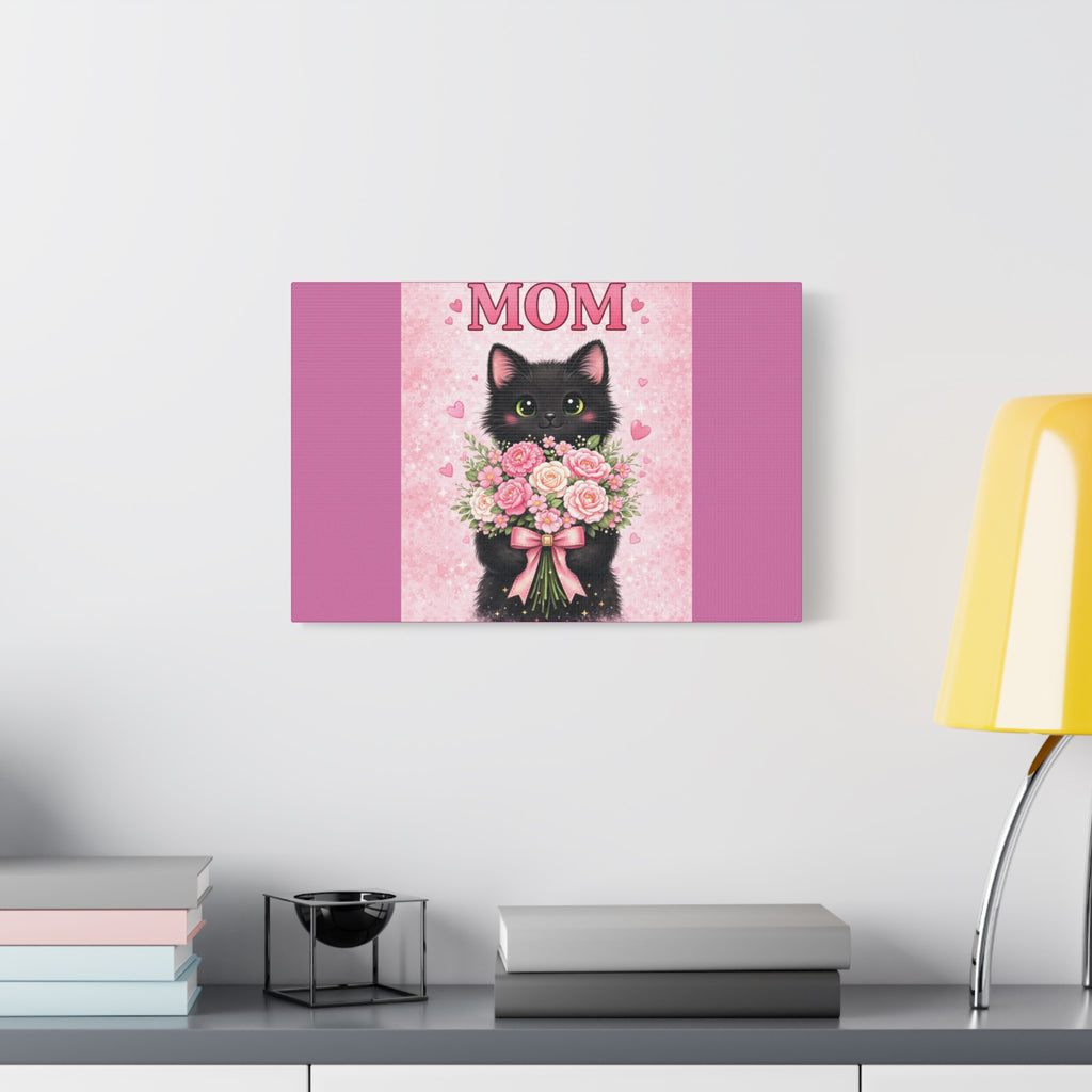 Mom Cat Canvas Print — Cute Black Kitten Holding Pink Bouquet (Mother's Day Gift)