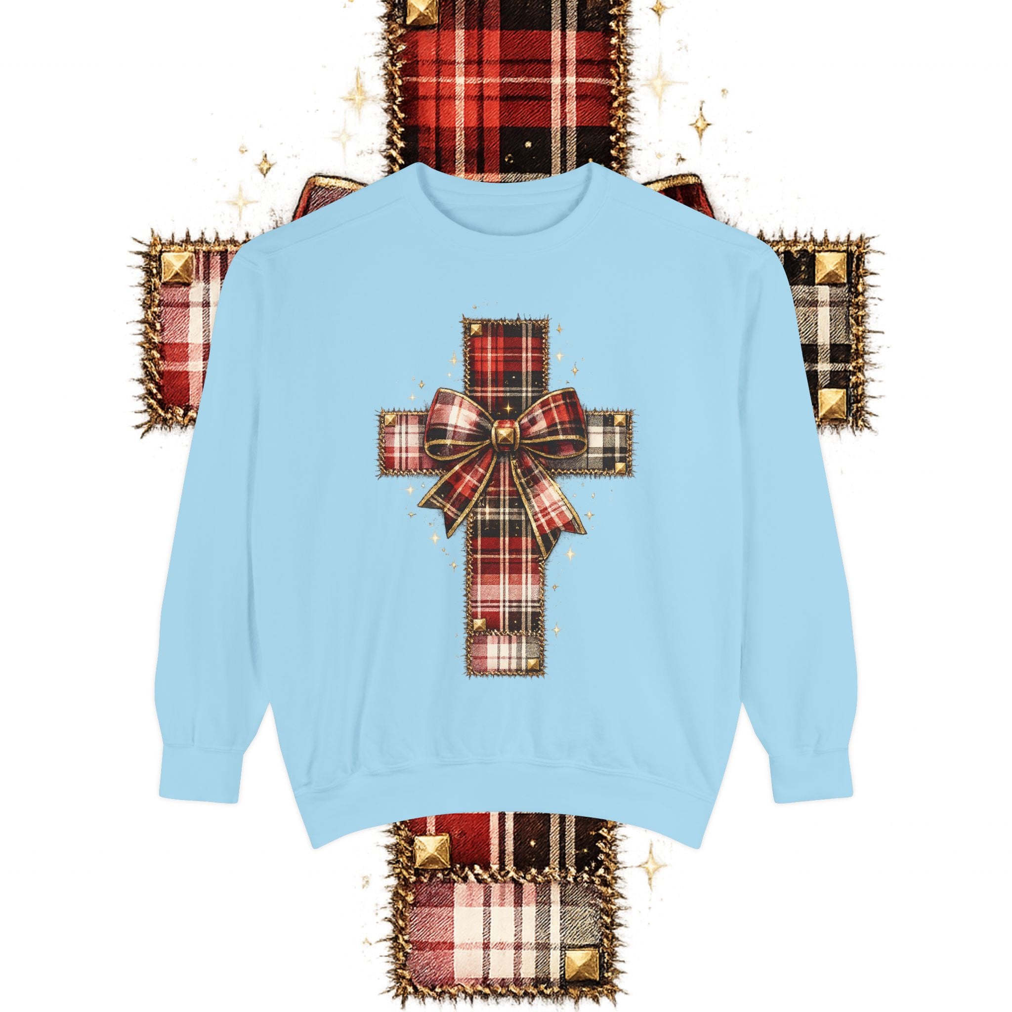Plaid Bow Cross Sweatshirt — Christmas Plaid Religious Holiday Crewneck