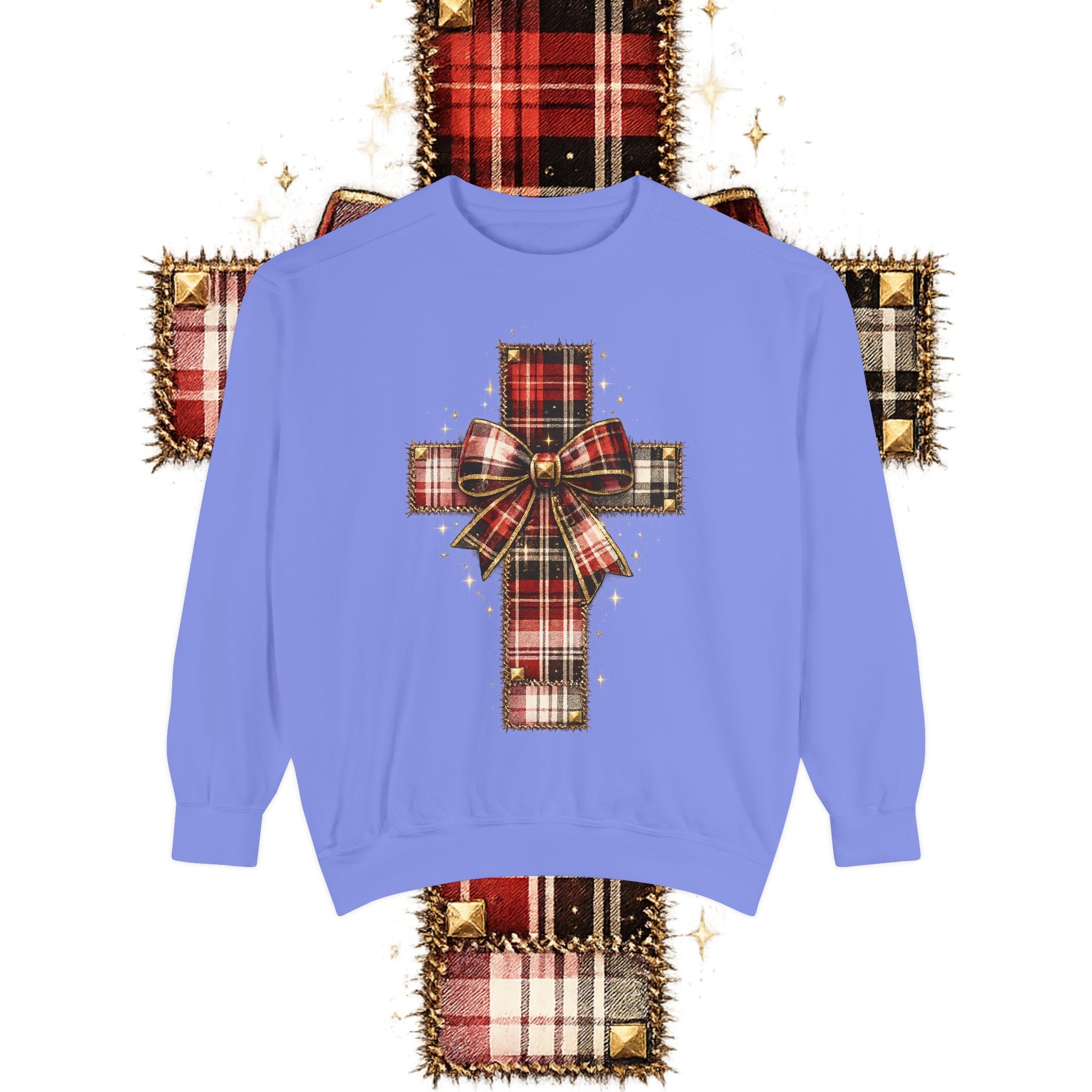 Plaid Bow Cross Sweatshirt — Christmas Plaid Religious Holiday Crewneck