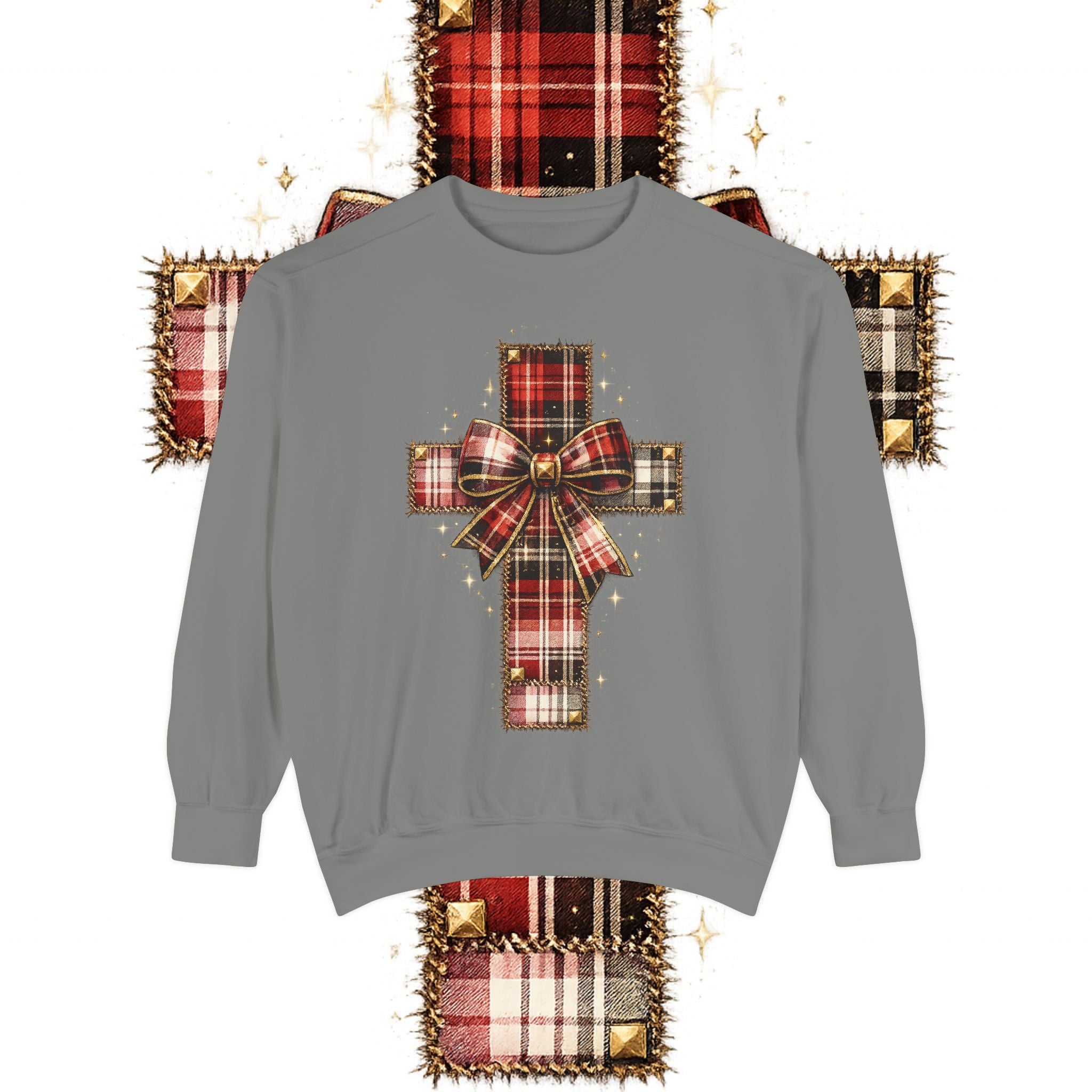 Plaid Bow Cross Sweatshirt — Christmas Plaid Religious Holiday Crewneck