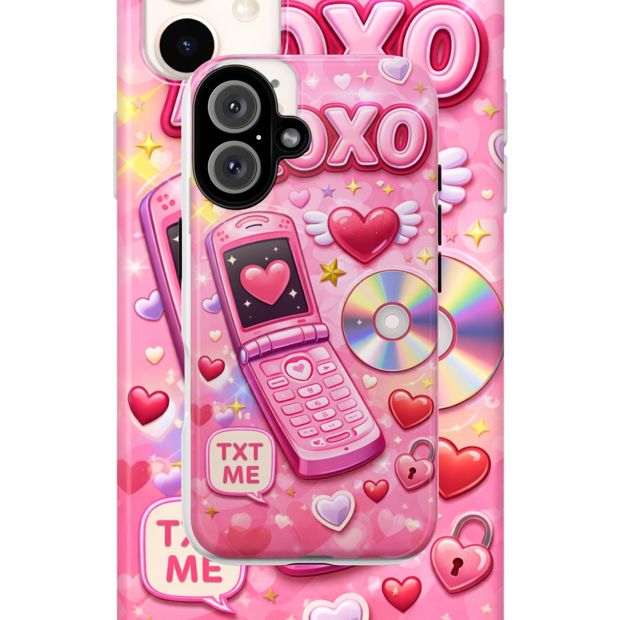 Pink Retro Flip Phone Phone Case — Y2K Hearts, XOXO & TXT ME Design