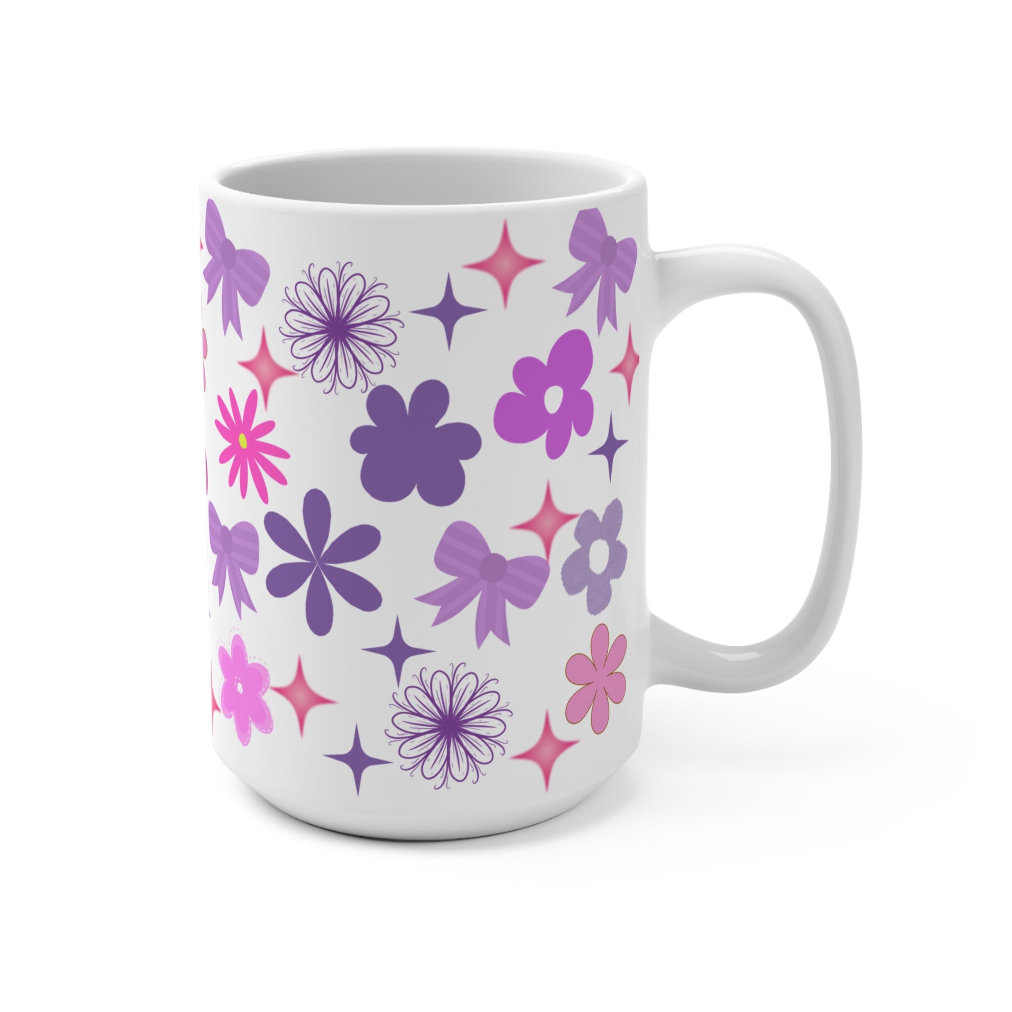 Floral Bow 15oz Ceramic Mug — Pink & Purple Vintage Flower Pattern