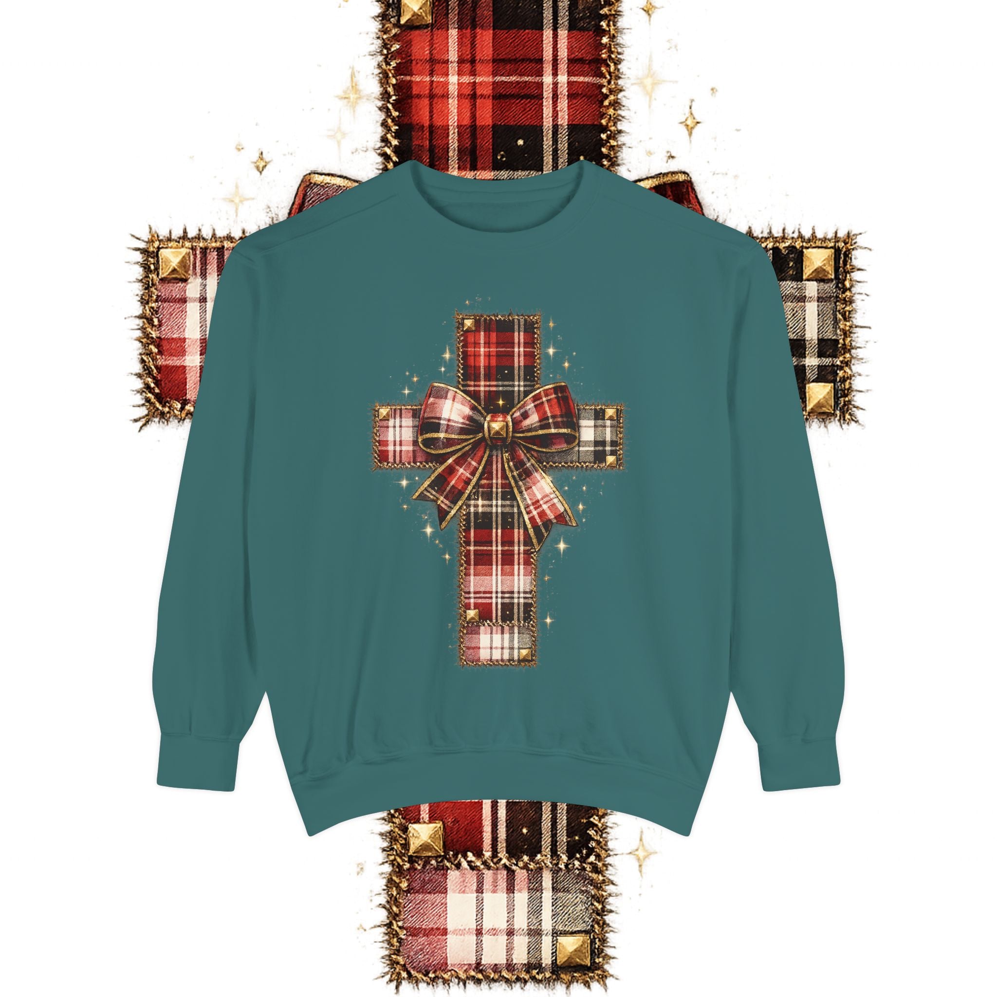 Plaid Bow Cross Sweatshirt — Christmas Plaid Religious Holiday Crewneck