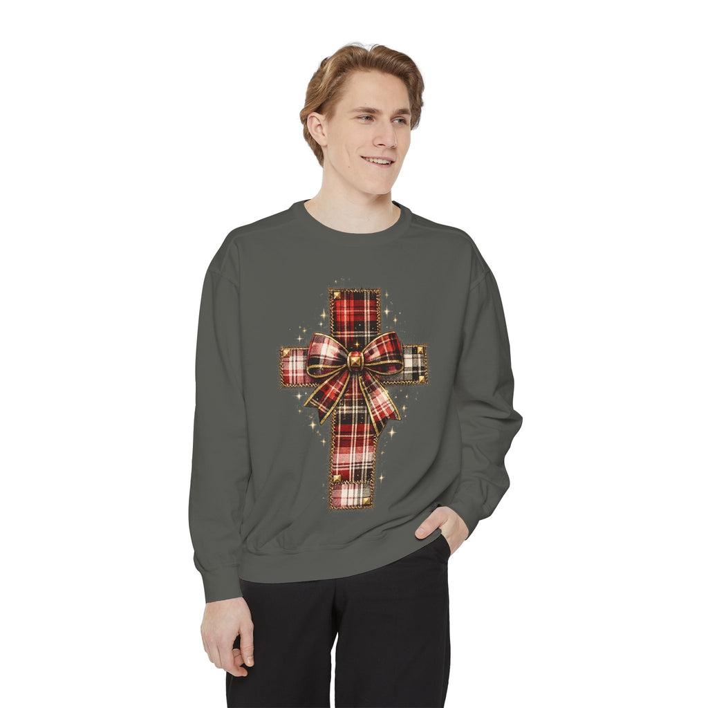 Plaid Bow Cross Sweatshirt — Christmas Plaid Religious Holiday Crewneck