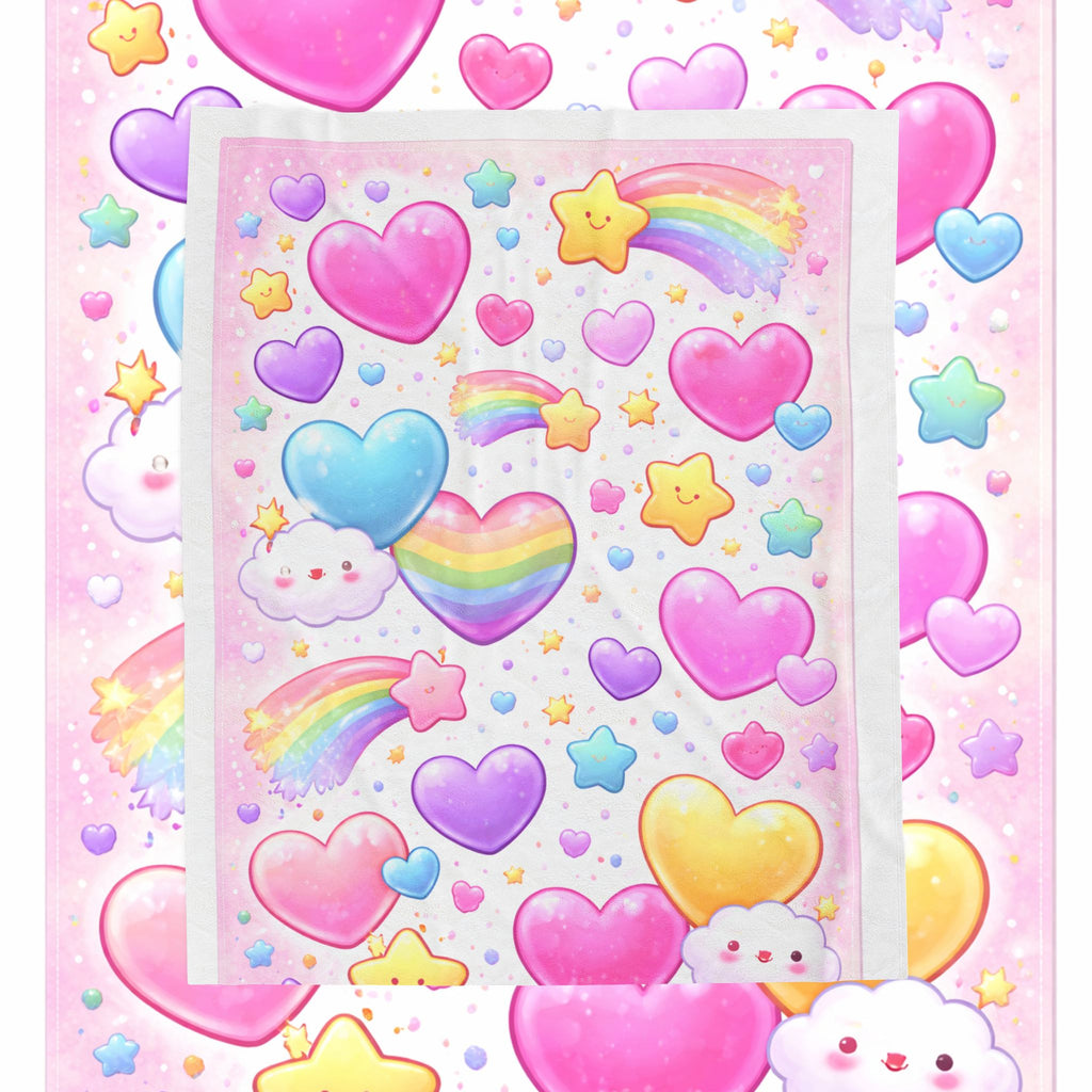 Kawaii Rainbow Hearts Velveteen Plush Blanket — Cute Pastel Stars & Clouds Throw for Kids