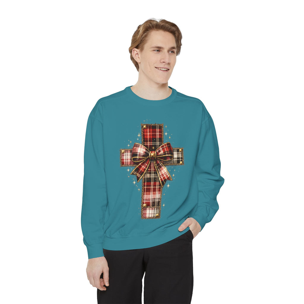 Plaid Bow Cross Sweatshirt — Christmas Plaid Religious Holiday Crewneck