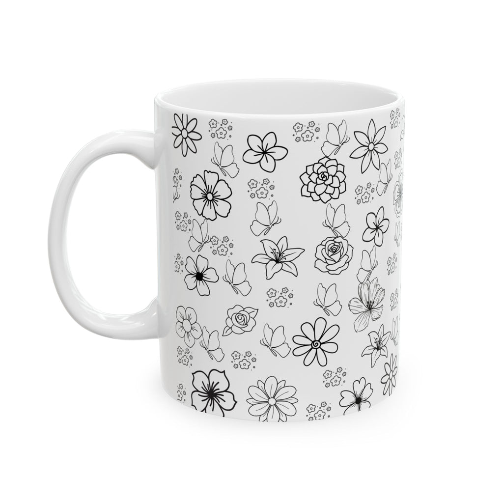 Black Floral Doodle Ceramic Mug (11oz & 15oz) — Hand-Drawn Flower Pattern
