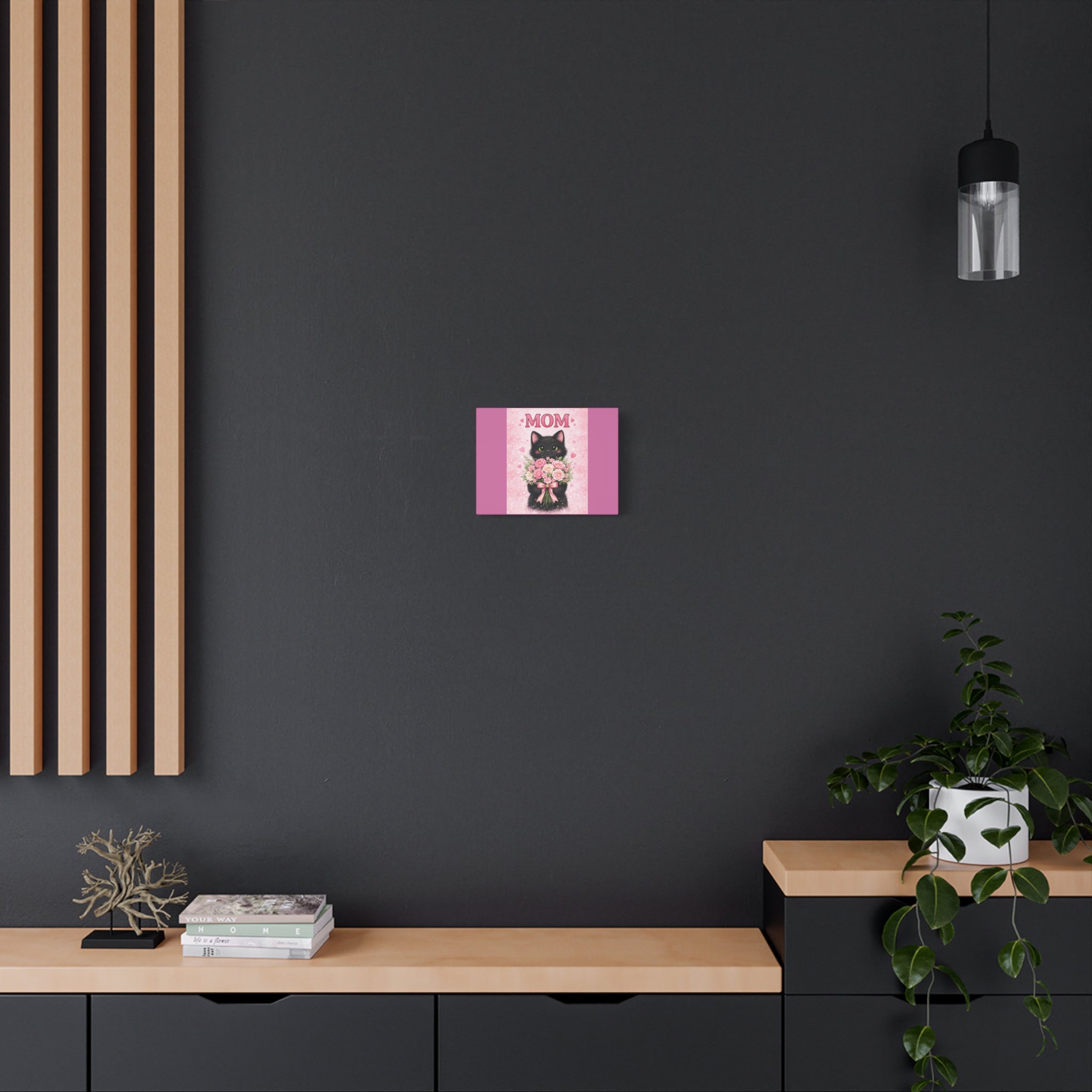 Mom Cat Canvas Print — Cute Black Kitten Holding Pink Bouquet (Mother's Day Gift)