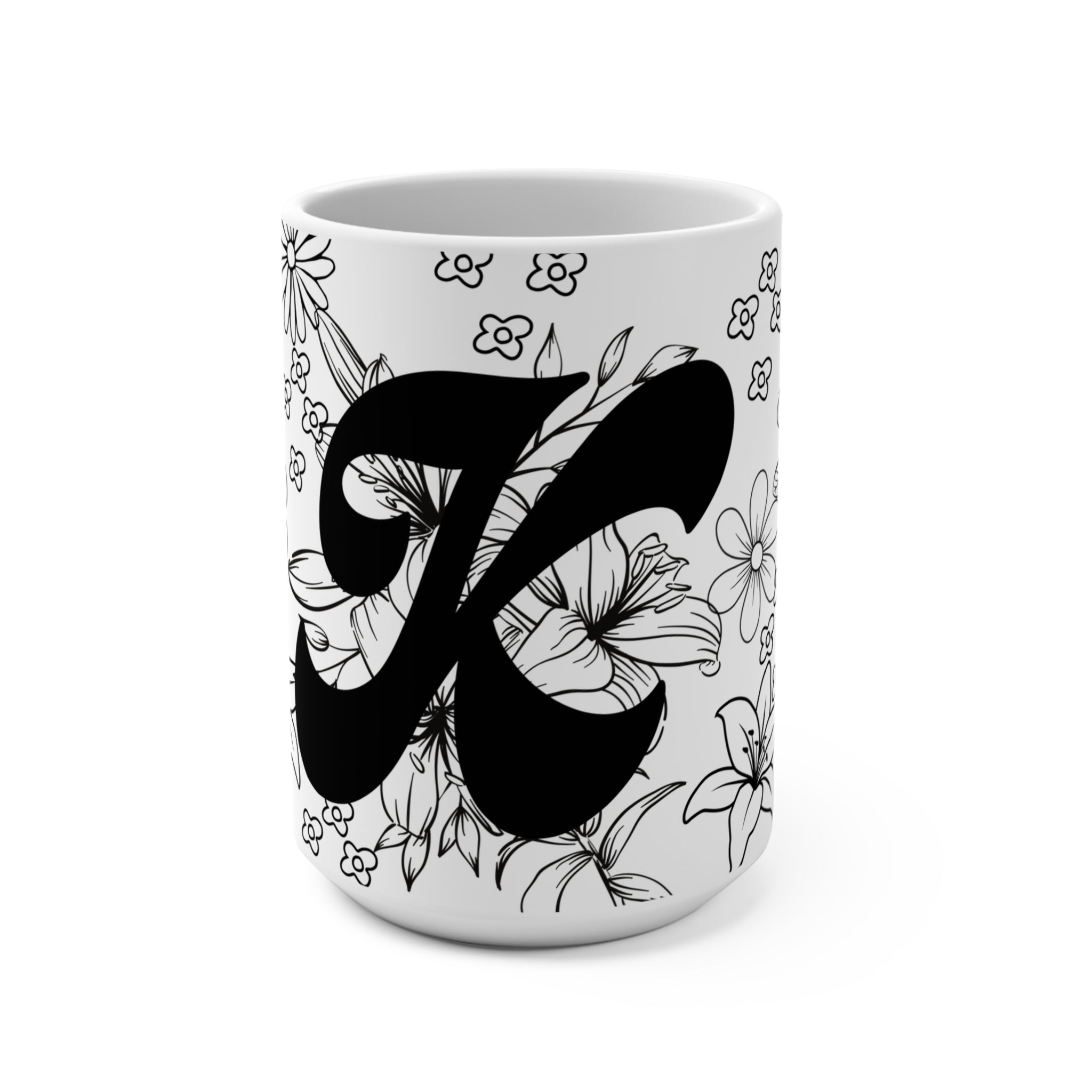 Floral Monogram 'K' 15oz Ceramic Mug — Black & White Botanical Initial Coffee Cup
