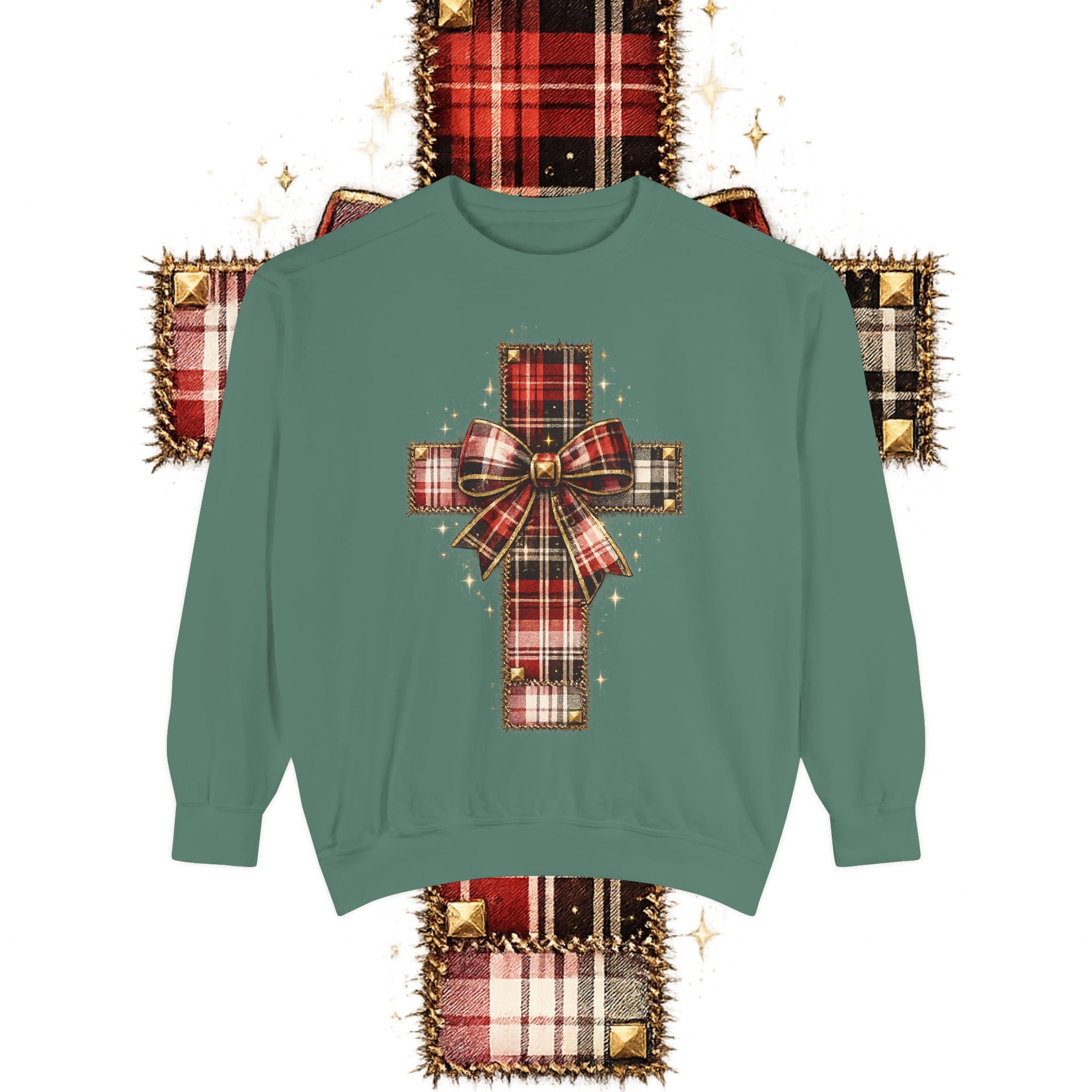 Plaid Bow Cross Sweatshirt — Christmas Plaid Religious Holiday Crewneck