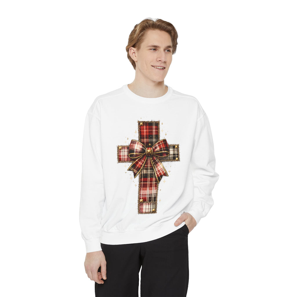 Plaid Bow Cross Sweatshirt — Christmas Plaid Religious Holiday Crewneck