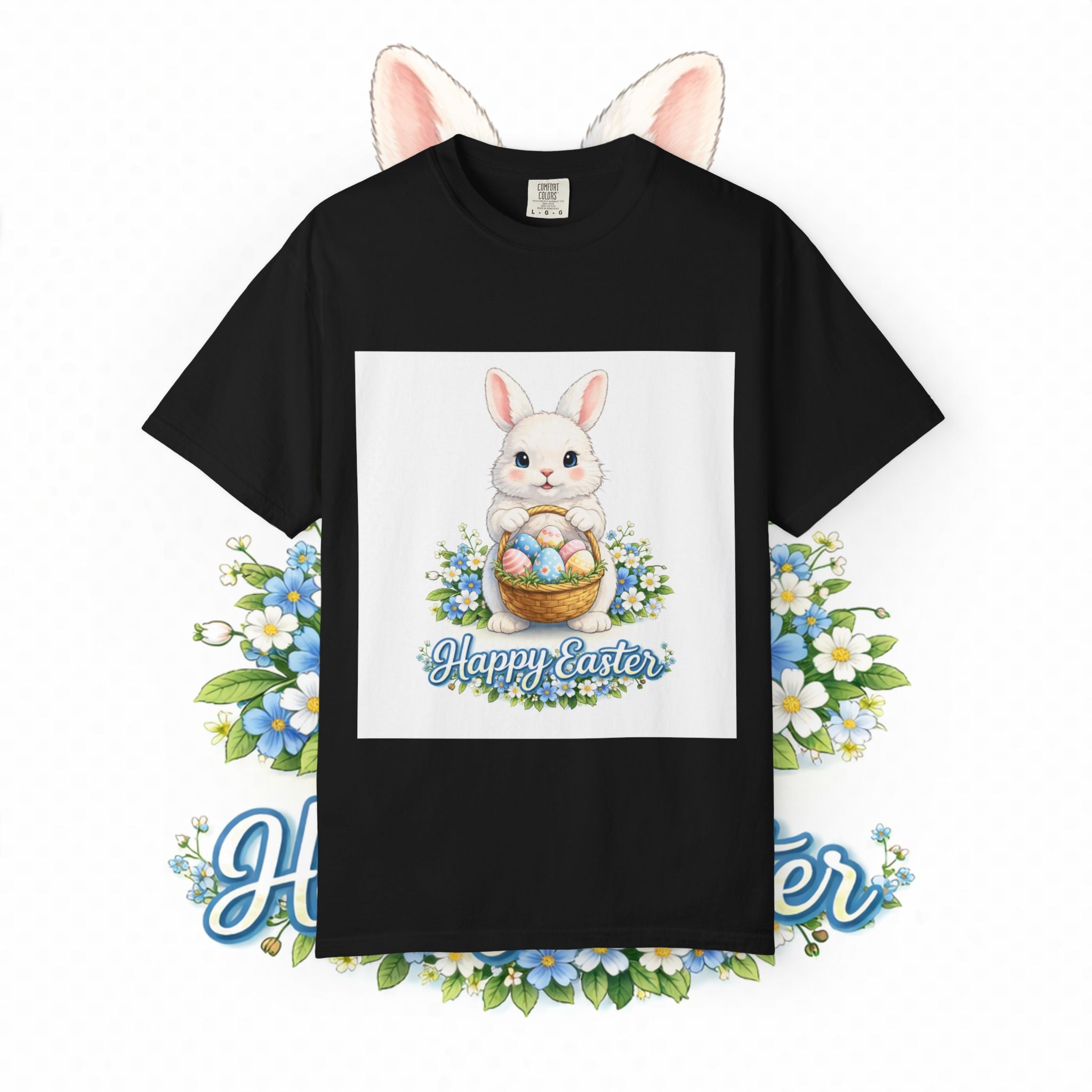 Easter Bunny T-Shirt — "Happy Easter" Cute Bunny with Egg Basket