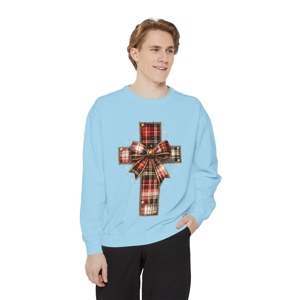Plaid Bow Cross Sweatshirt — Christmas Plaid Religious Holiday Crewneck