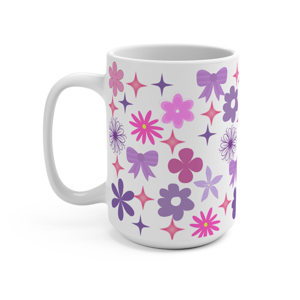 Floral Bow 15oz Ceramic Mug — Pink & Purple Vintage Flower Pattern