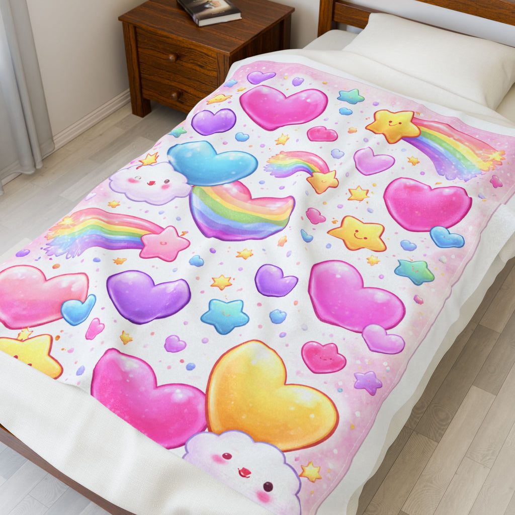 Kawaii Rainbow Hearts Velveteen Plush Blanket — Cute Pastel Stars & Clouds Throw for Kids