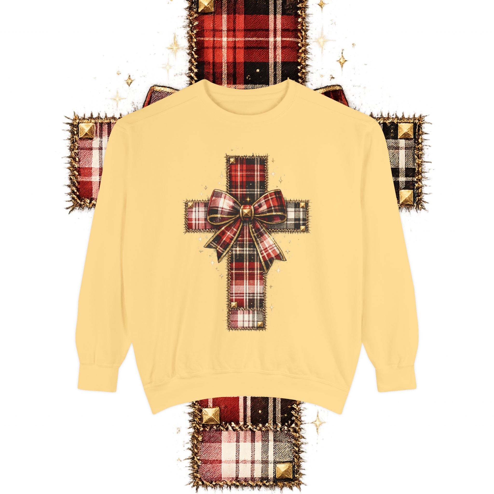 Plaid Bow Cross Sweatshirt — Christmas Plaid Religious Holiday Crewneck