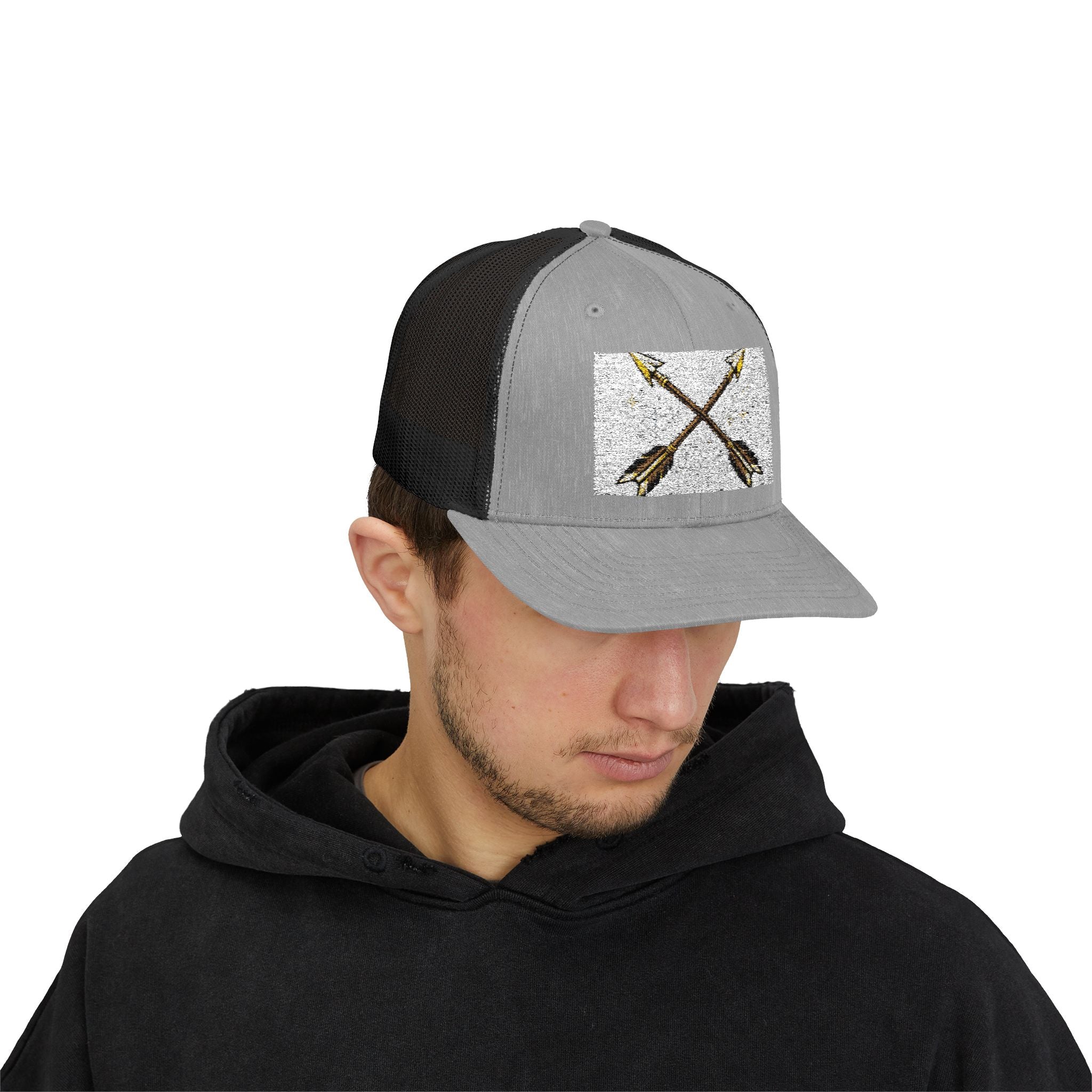 Arrow Cross Trucker Cap — Rustic Tribal Arrow Snapback Hat