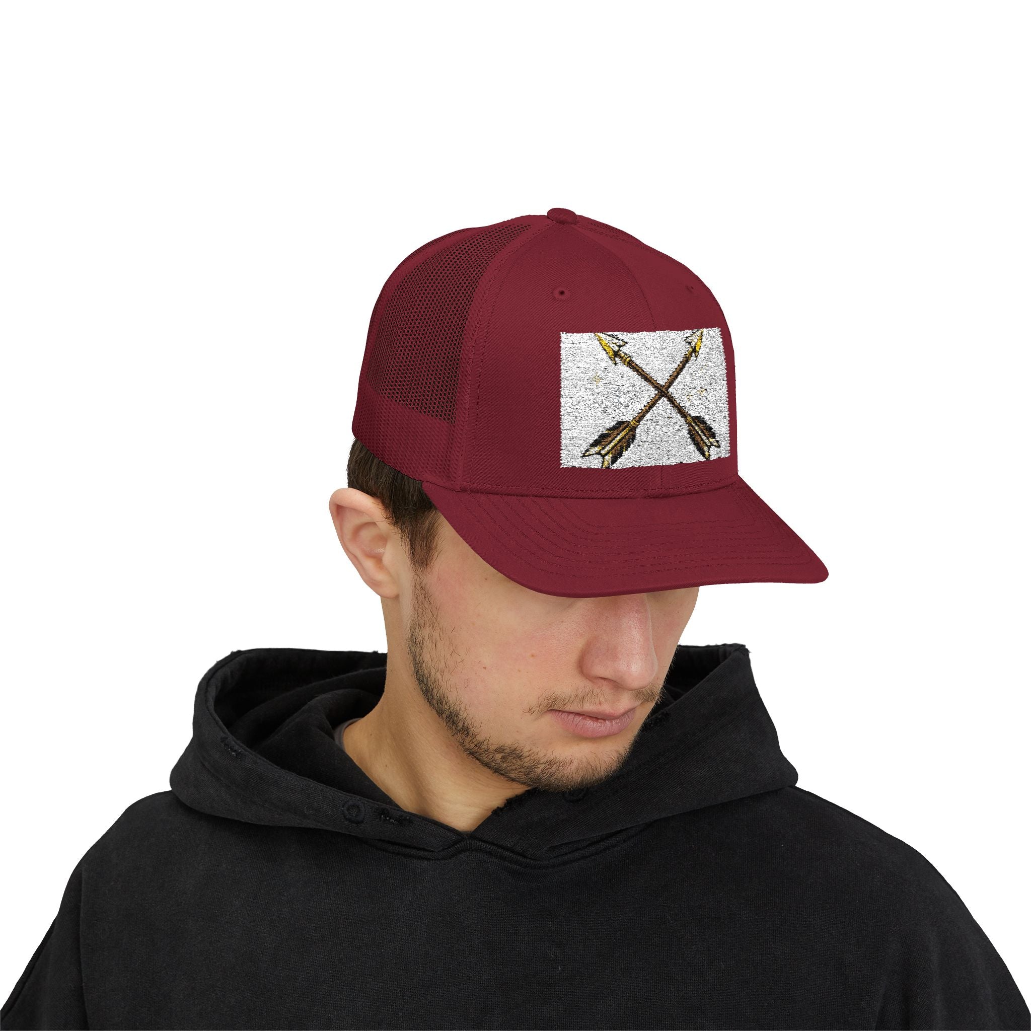 Arrow Cross Trucker Cap — Rustic Tribal Arrow Snapback Hat