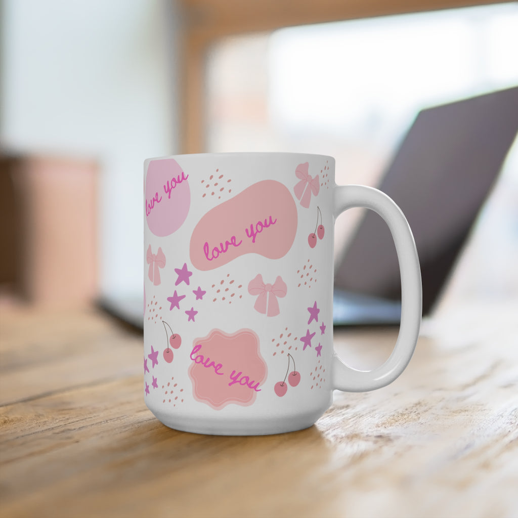 Love You Pink Pattern Mug — 15oz Ceramic Coffee Cup