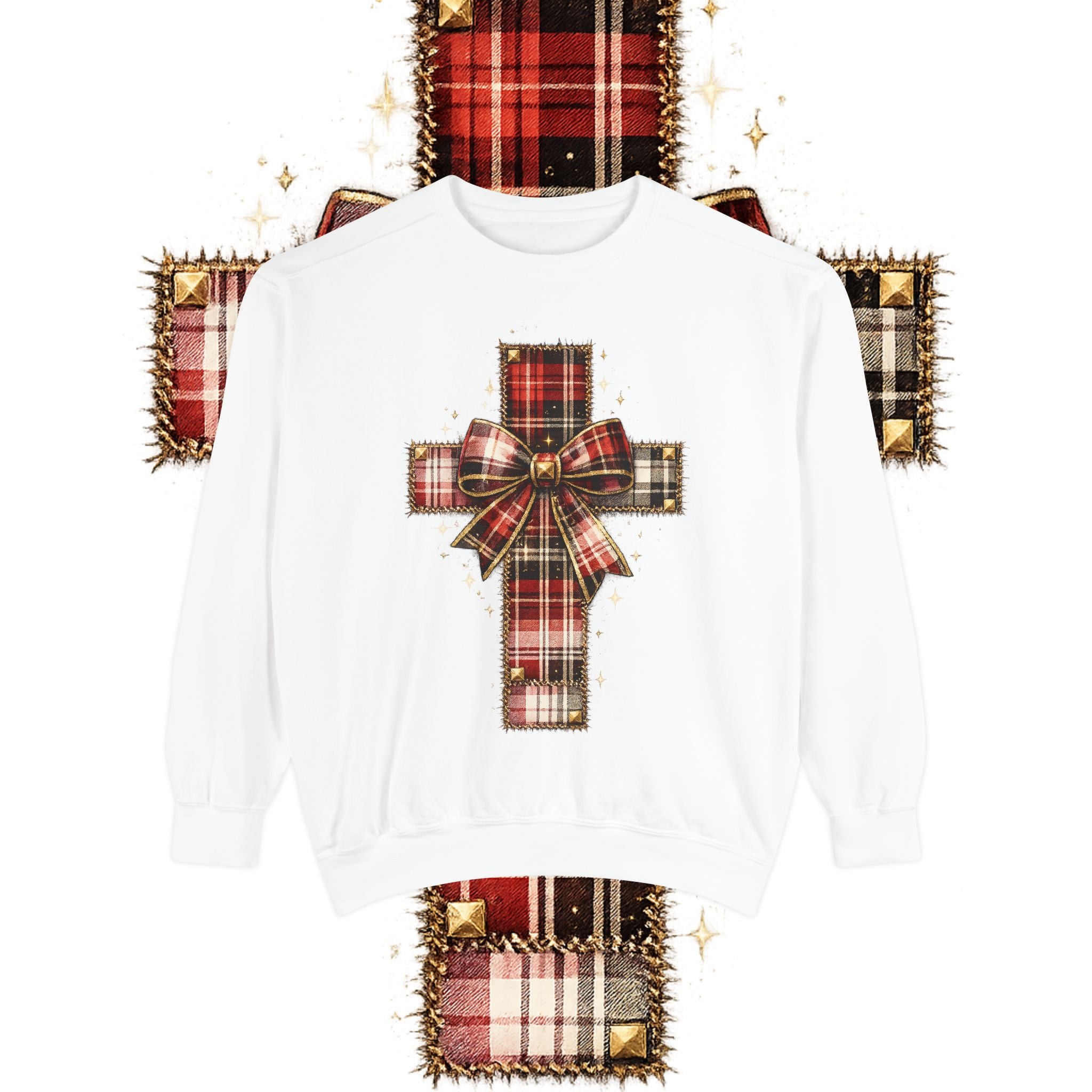 Plaid Bow Cross Sweatshirt — Christmas Plaid Religious Holiday Crewneck