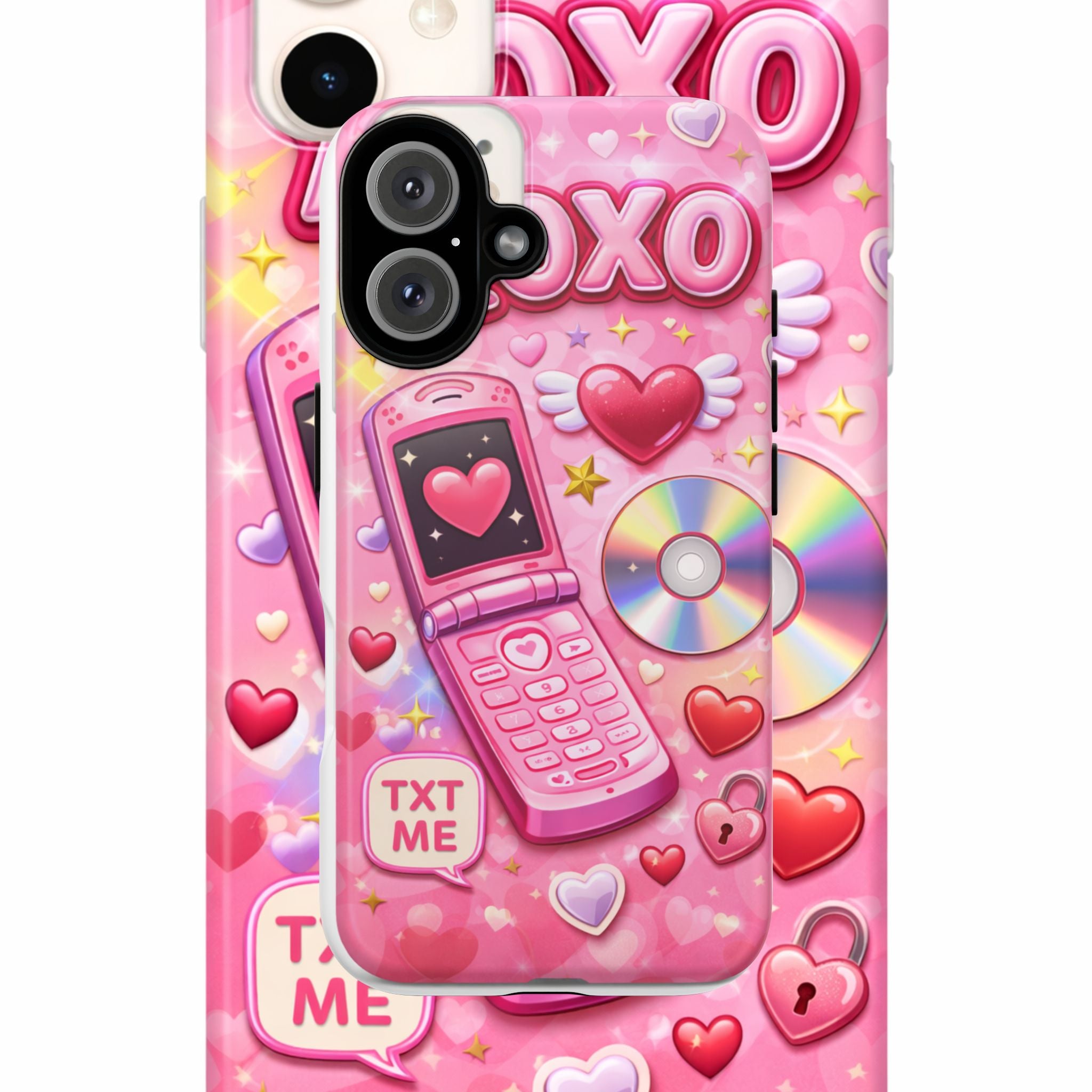 Pink Retro Flip Phone Phone Case — Y2K Hearts, XOXO & TXT ME Design