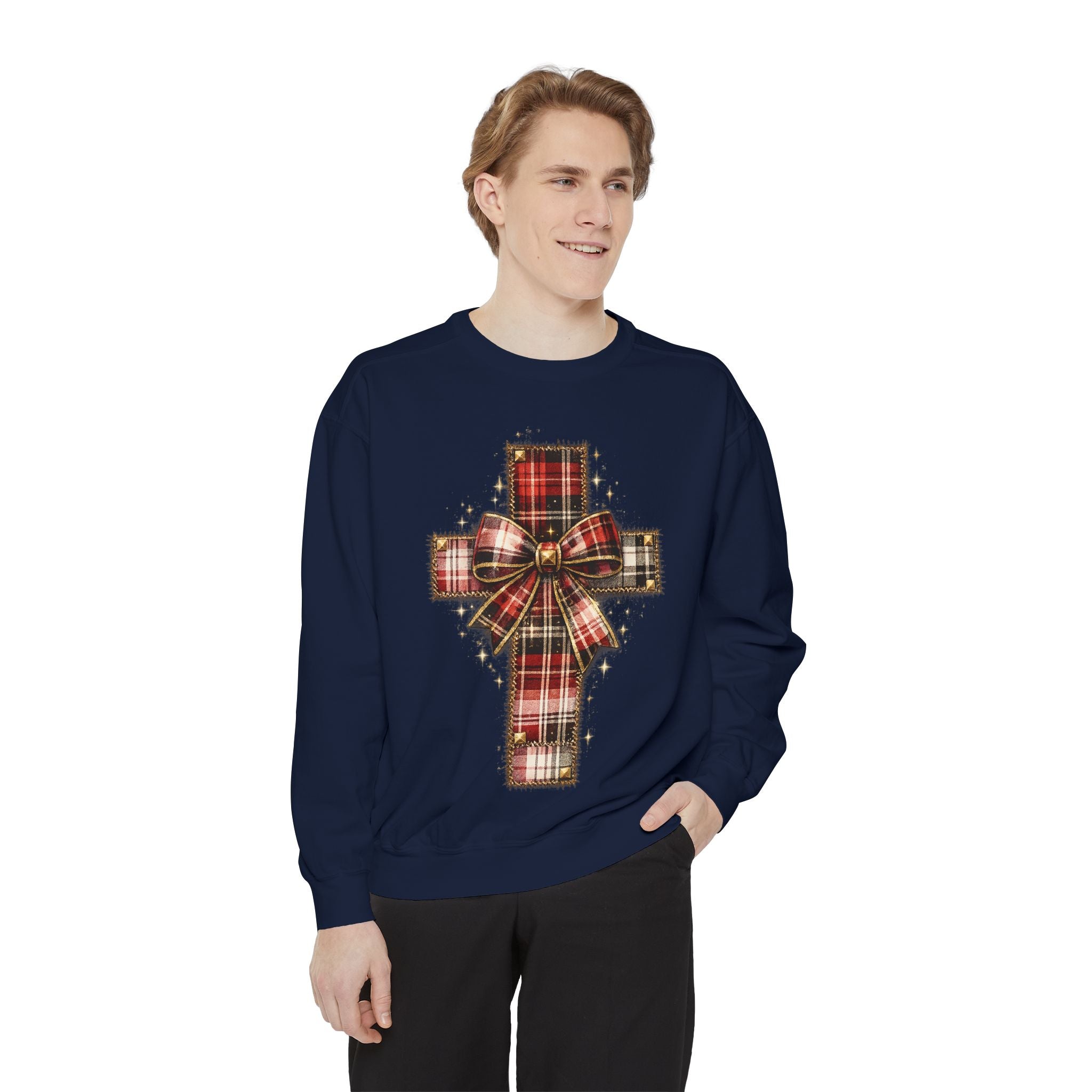 Plaid Bow Cross Sweatshirt — Christmas Plaid Religious Holiday Crewneck