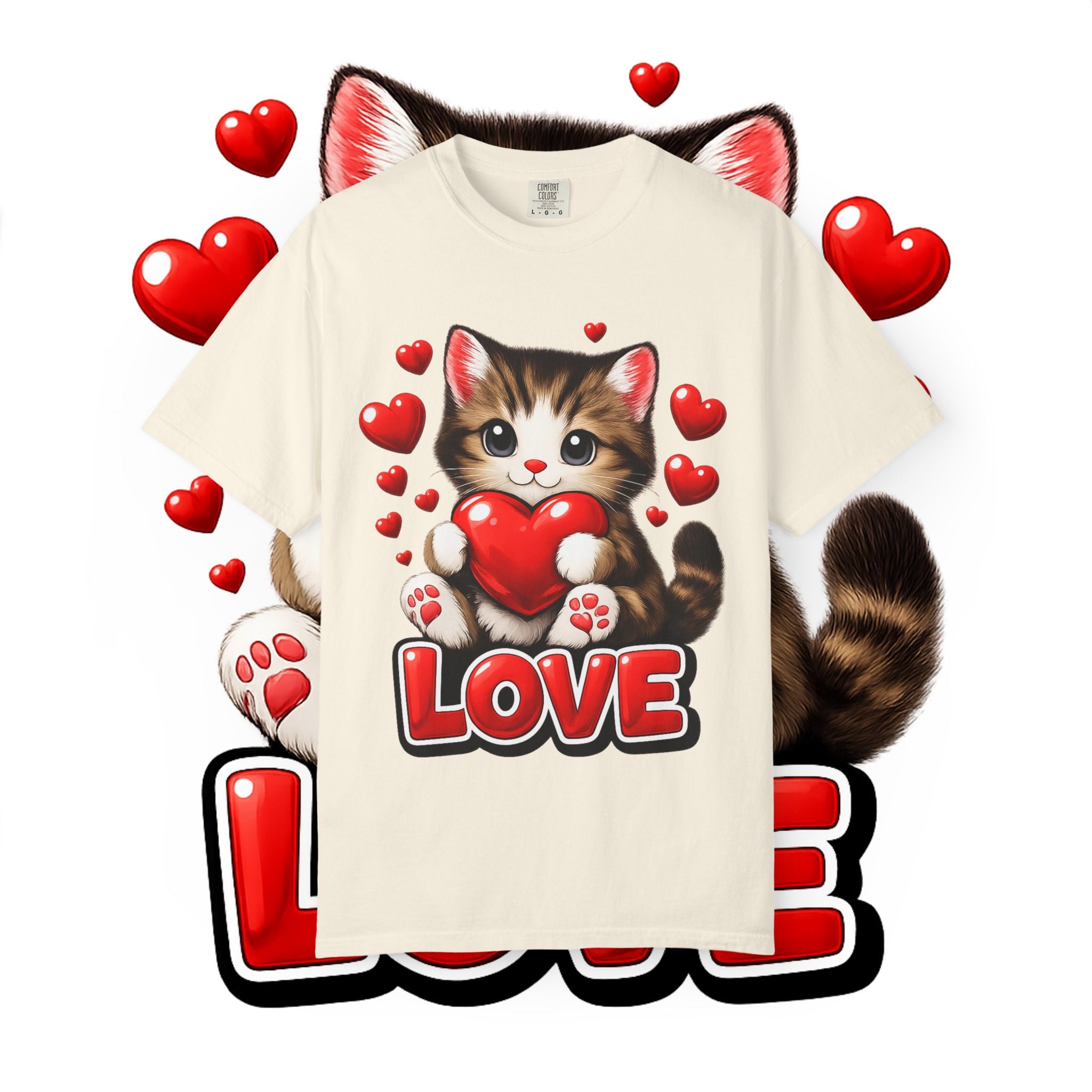 Cute Kitten Holding Heart "LOVE" T-Shirt