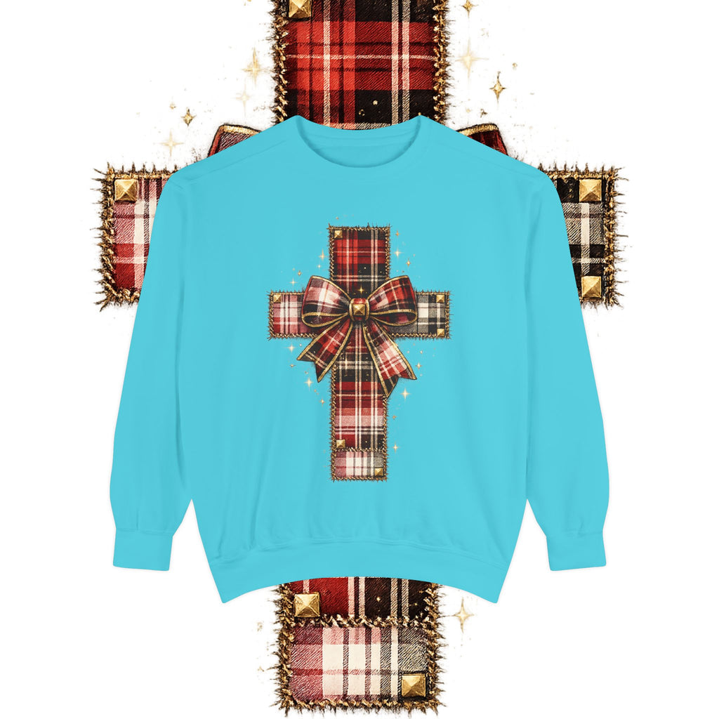 Plaid Bow Cross Sweatshirt — Christmas Plaid Religious Holiday Crewneck