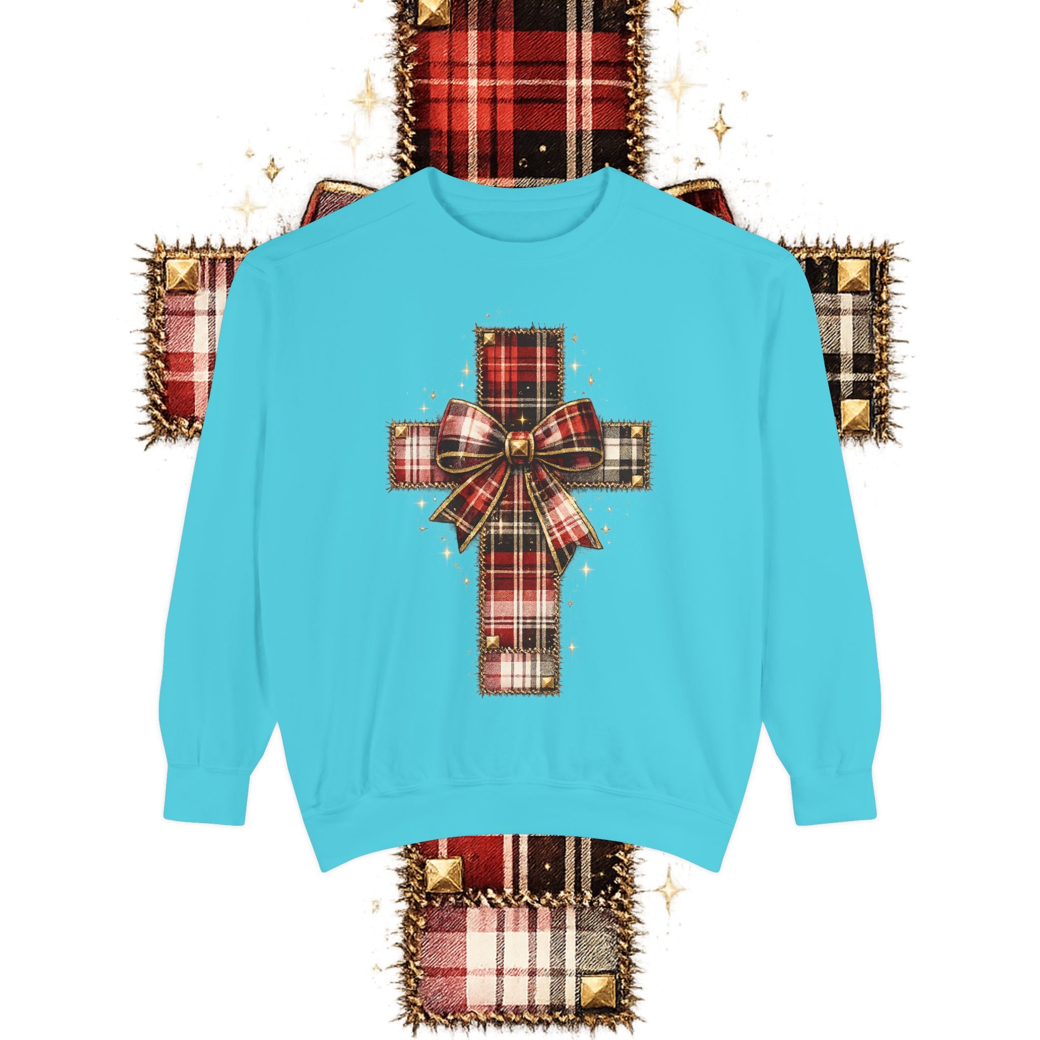 Plaid Bow Cross Sweatshirt — Christmas Plaid Religious Holiday Crewneck