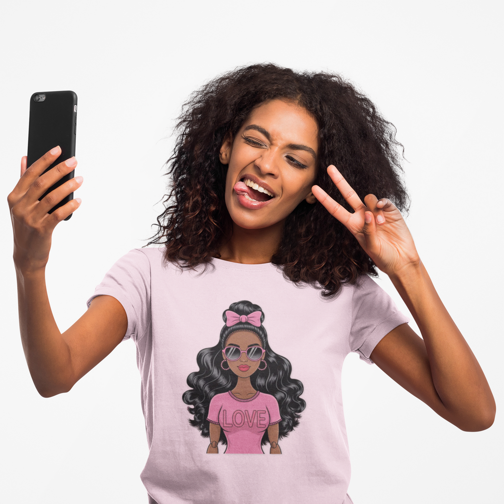Graphic Tee — Afro Girl Wearing Pink "Love" Shirt
