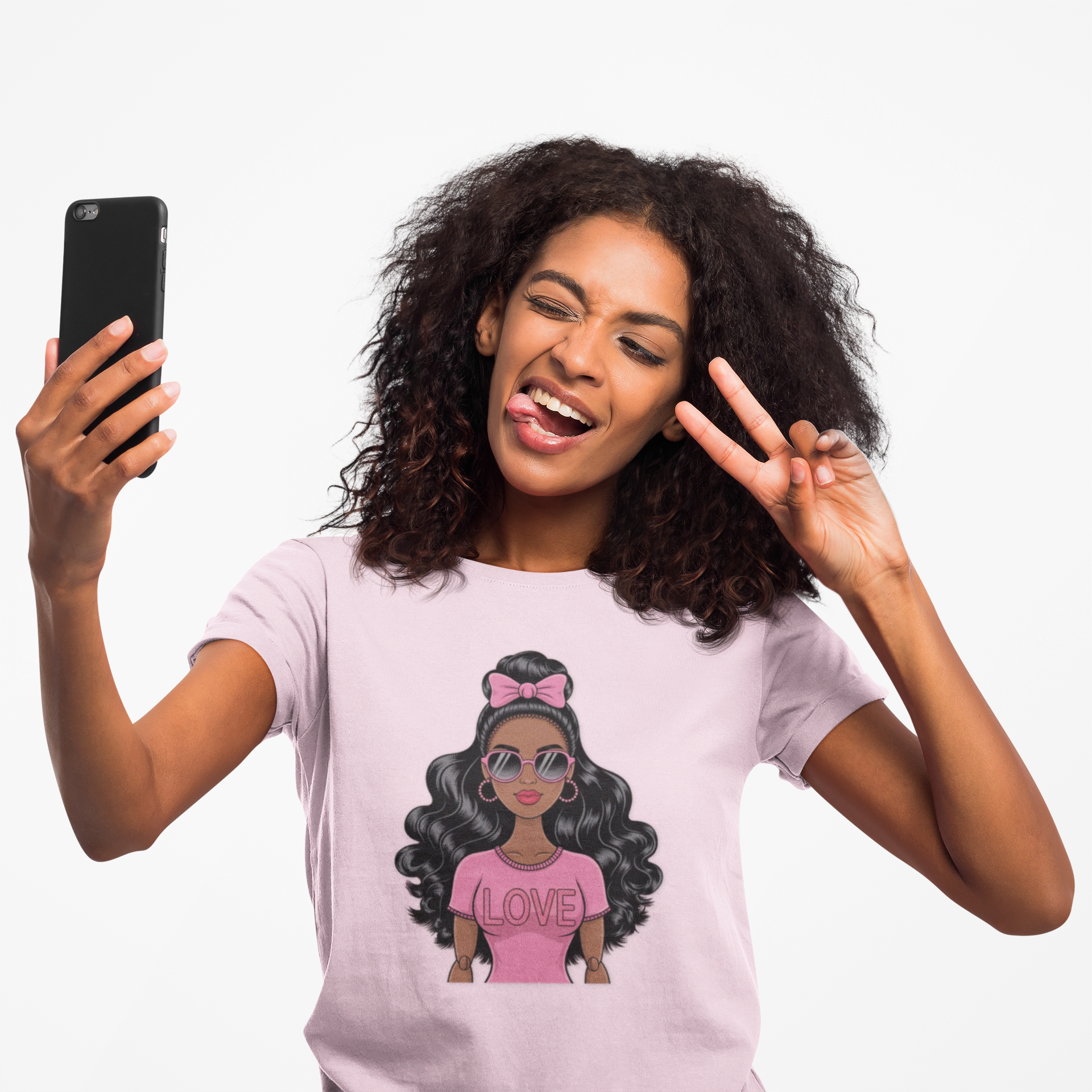 Graphic Tee — Afro Girl Wearing Pink "Love" Shirt