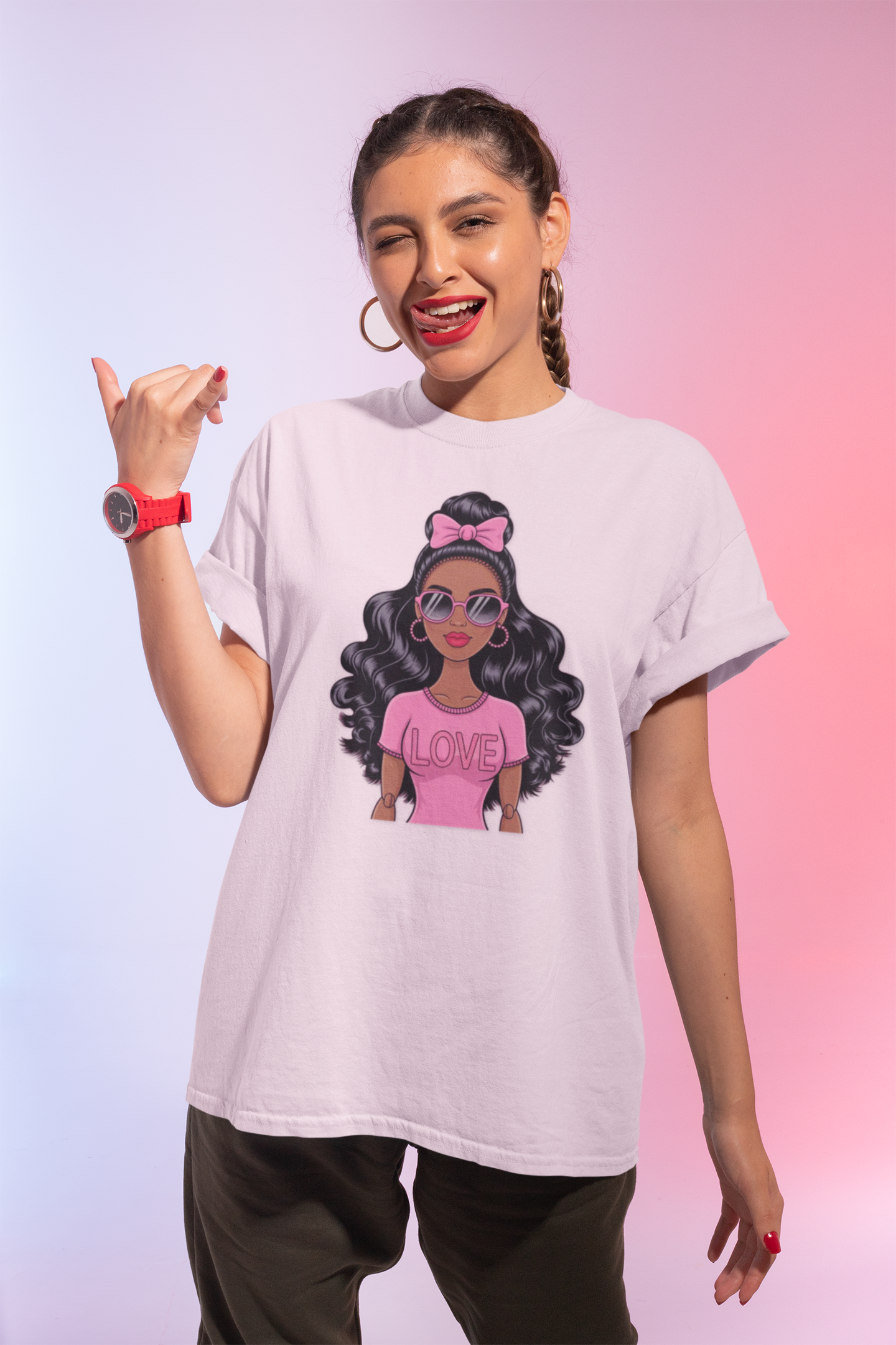 Graphic Tee — Afro Girl Wearing Pink "Love" Shirt