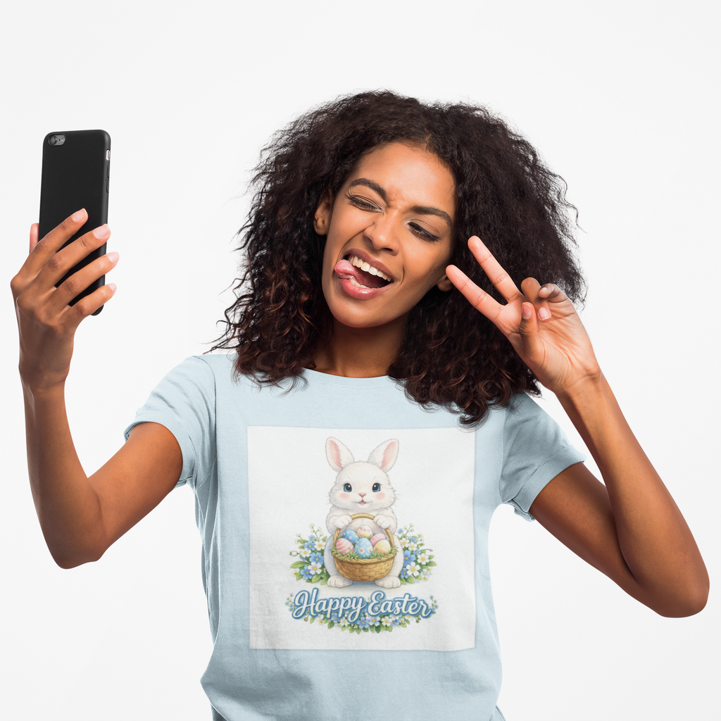 Easter Bunny T-Shirt — "Happy Easter" Cute Bunny with Egg Basket