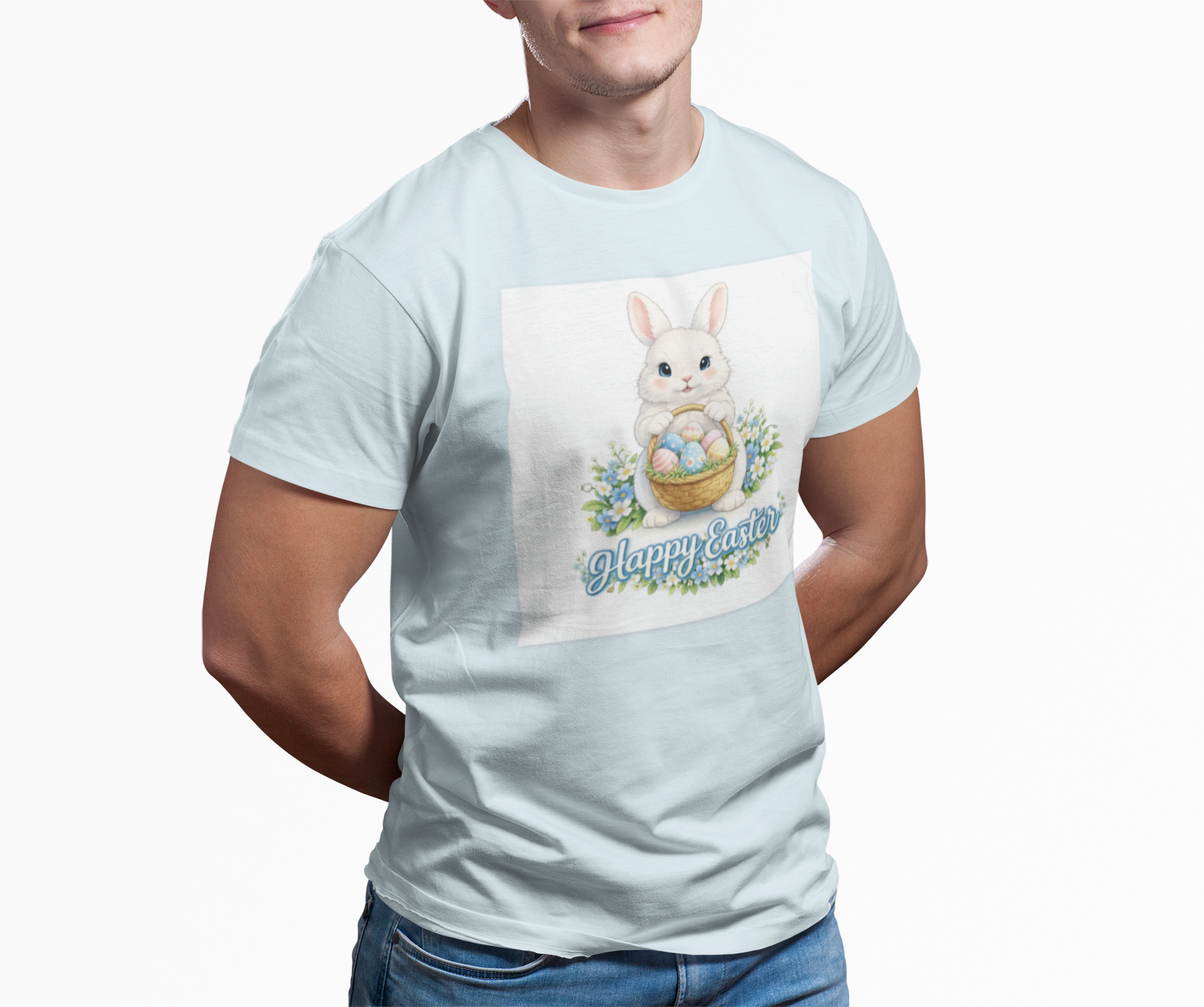 Easter Bunny T-Shirt — "Happy Easter" Cute Bunny with Egg Basket