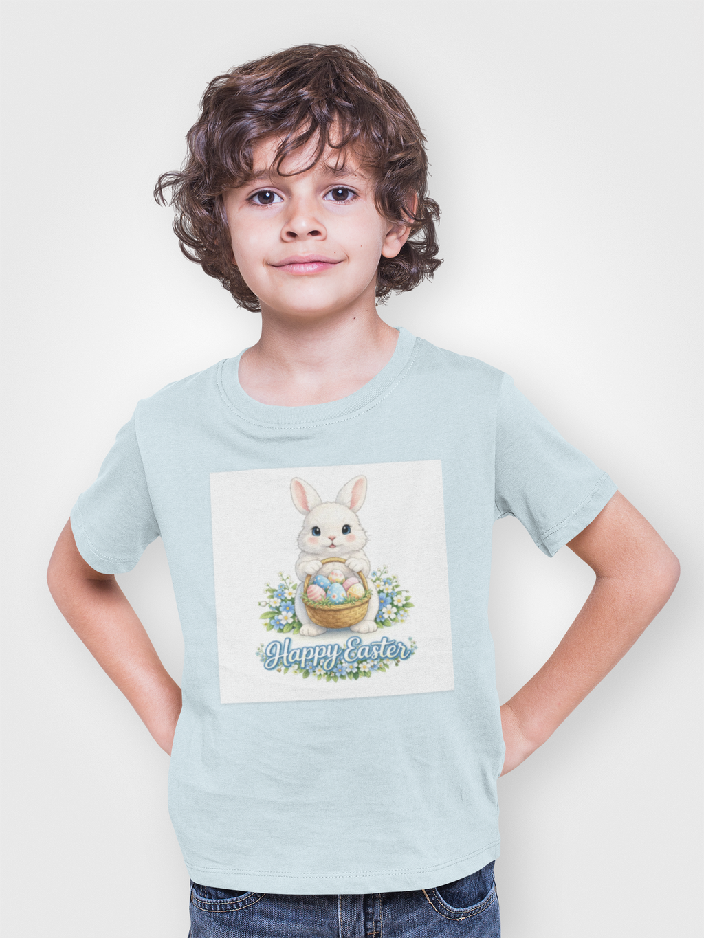 Easter Bunny T-Shirt — "Happy Easter" Cute Bunny with Egg Basket