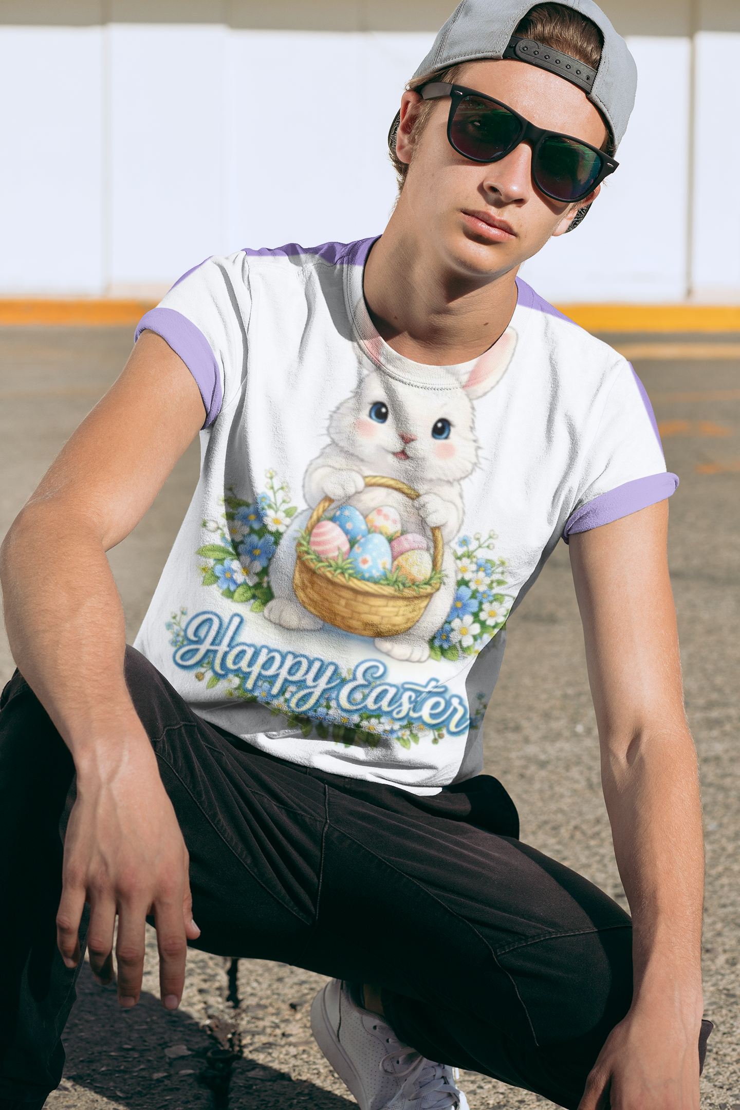 Easter Bunny T-Shirt — "Happy Easter" Cute Bunny with Egg Basket