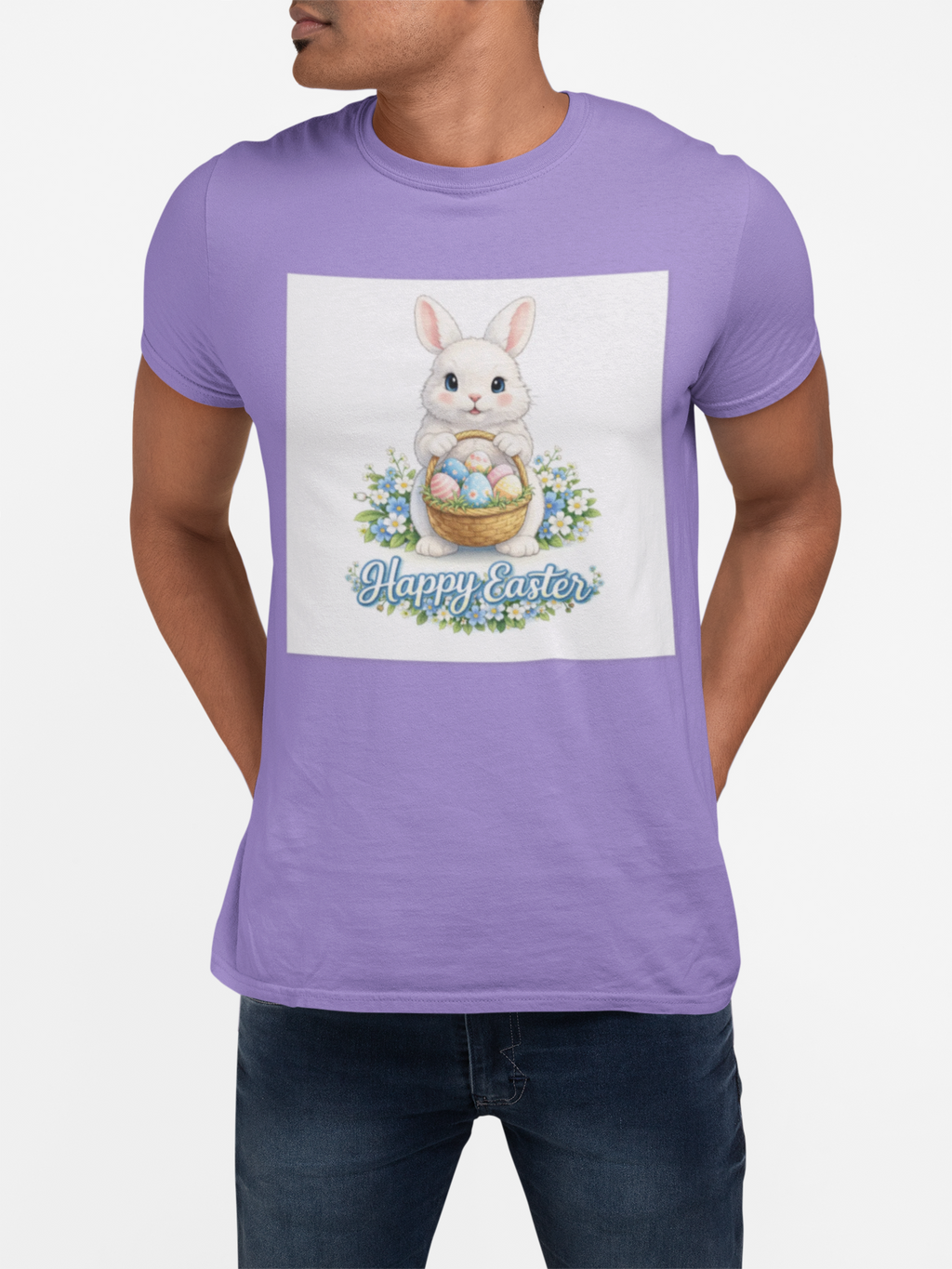 Easter Bunny T-Shirt — "Happy Easter" Cute Bunny with Egg Basket