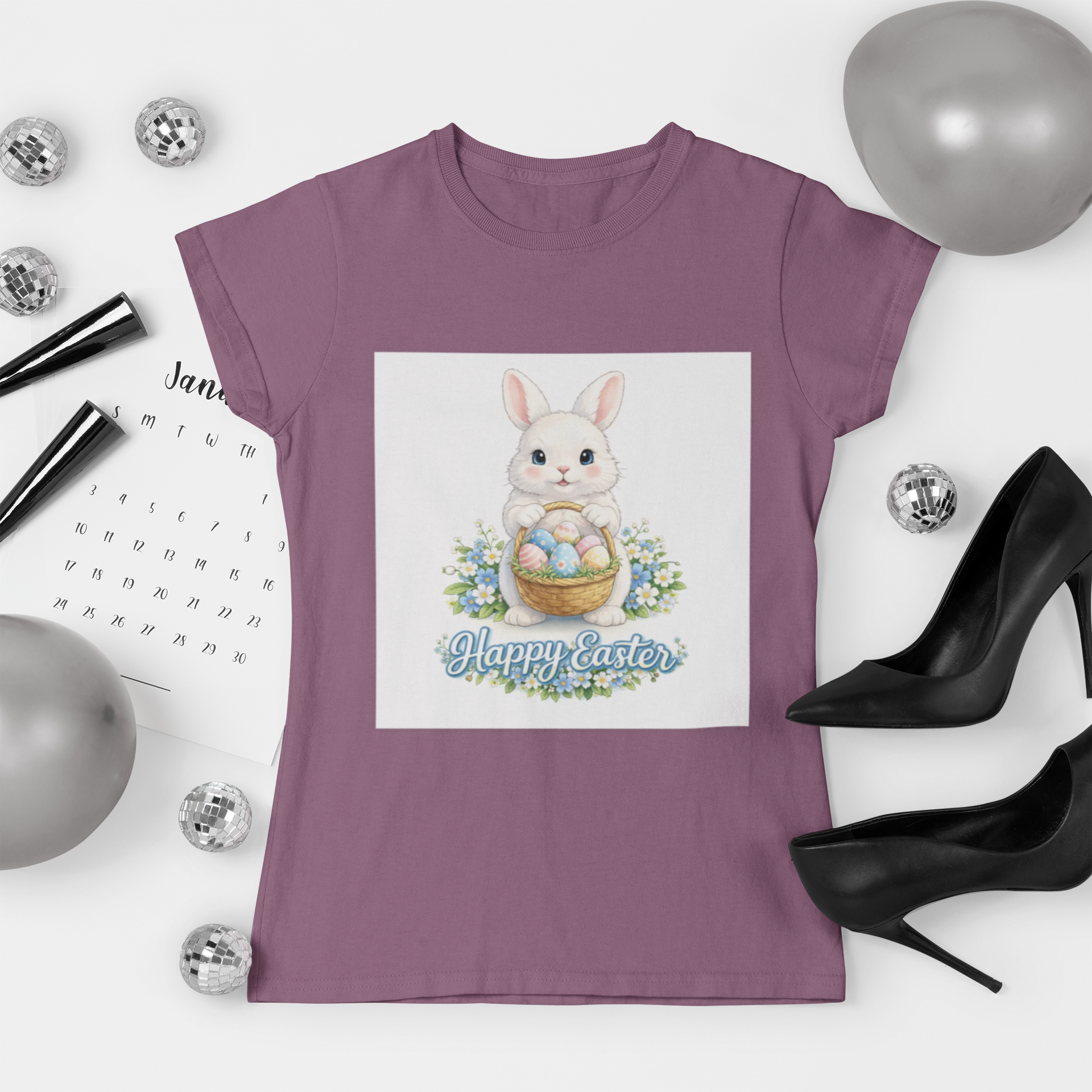 Easter Bunny T-Shirt — "Happy Easter" Cute Bunny with Egg Basket