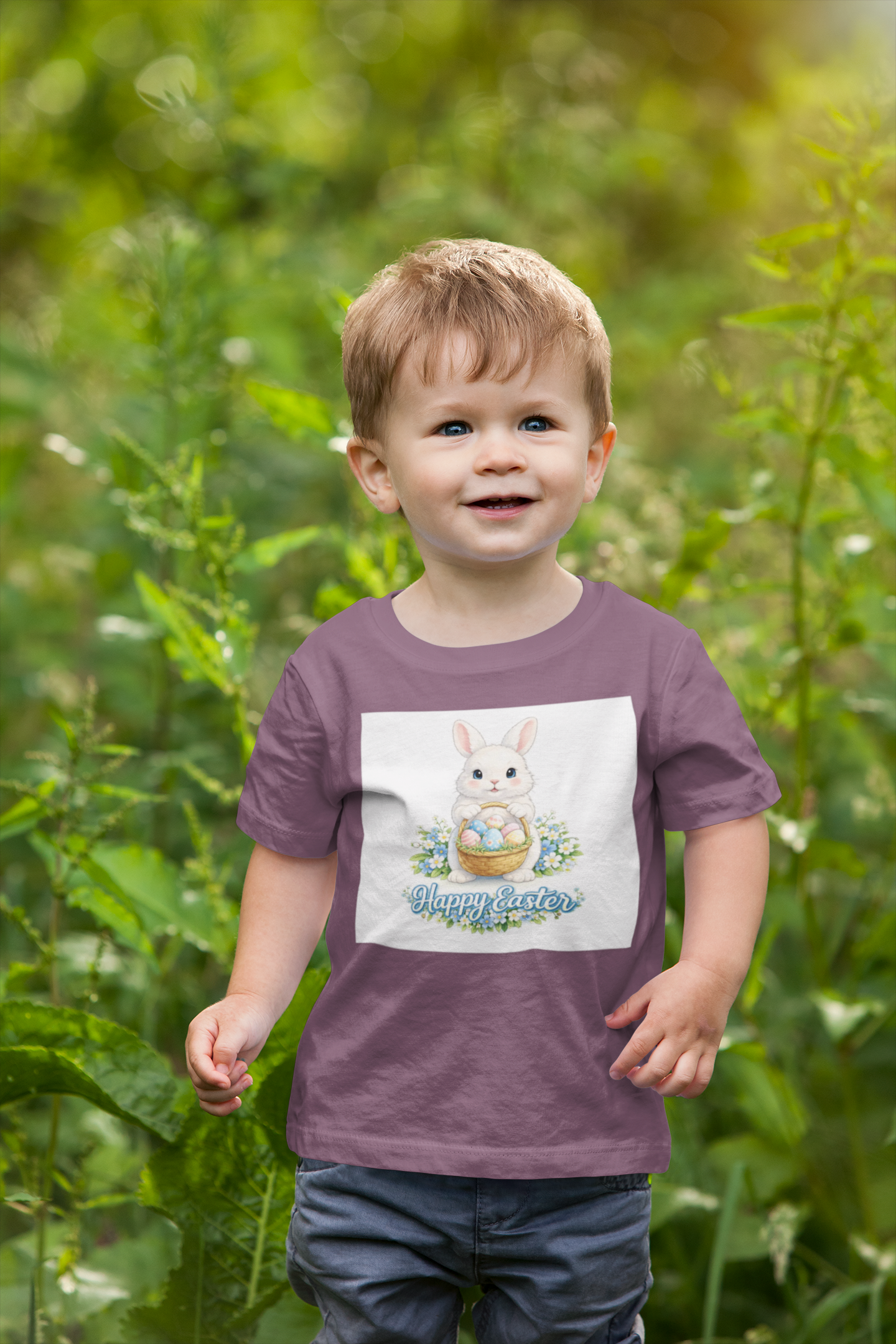 Easter Bunny T-Shirt — "Happy Easter" Cute Bunny with Egg Basket