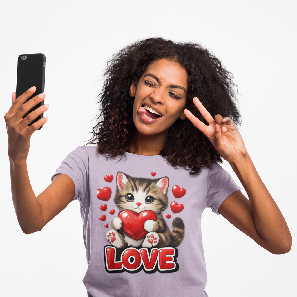 Cute Kitten Holding Heart "LOVE" T-Shirt