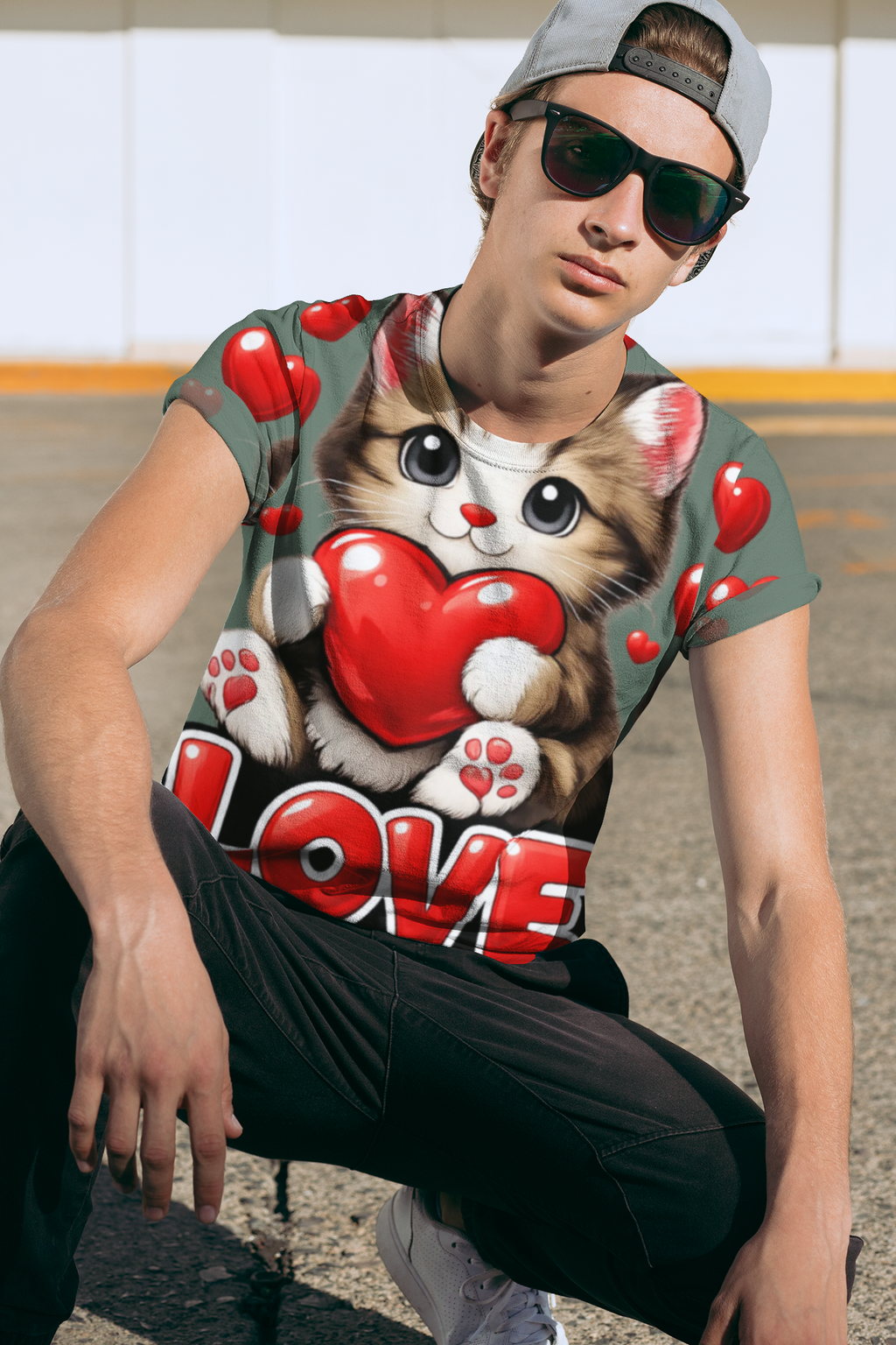 Cute Kitten Holding Heart "LOVE" T-Shirt