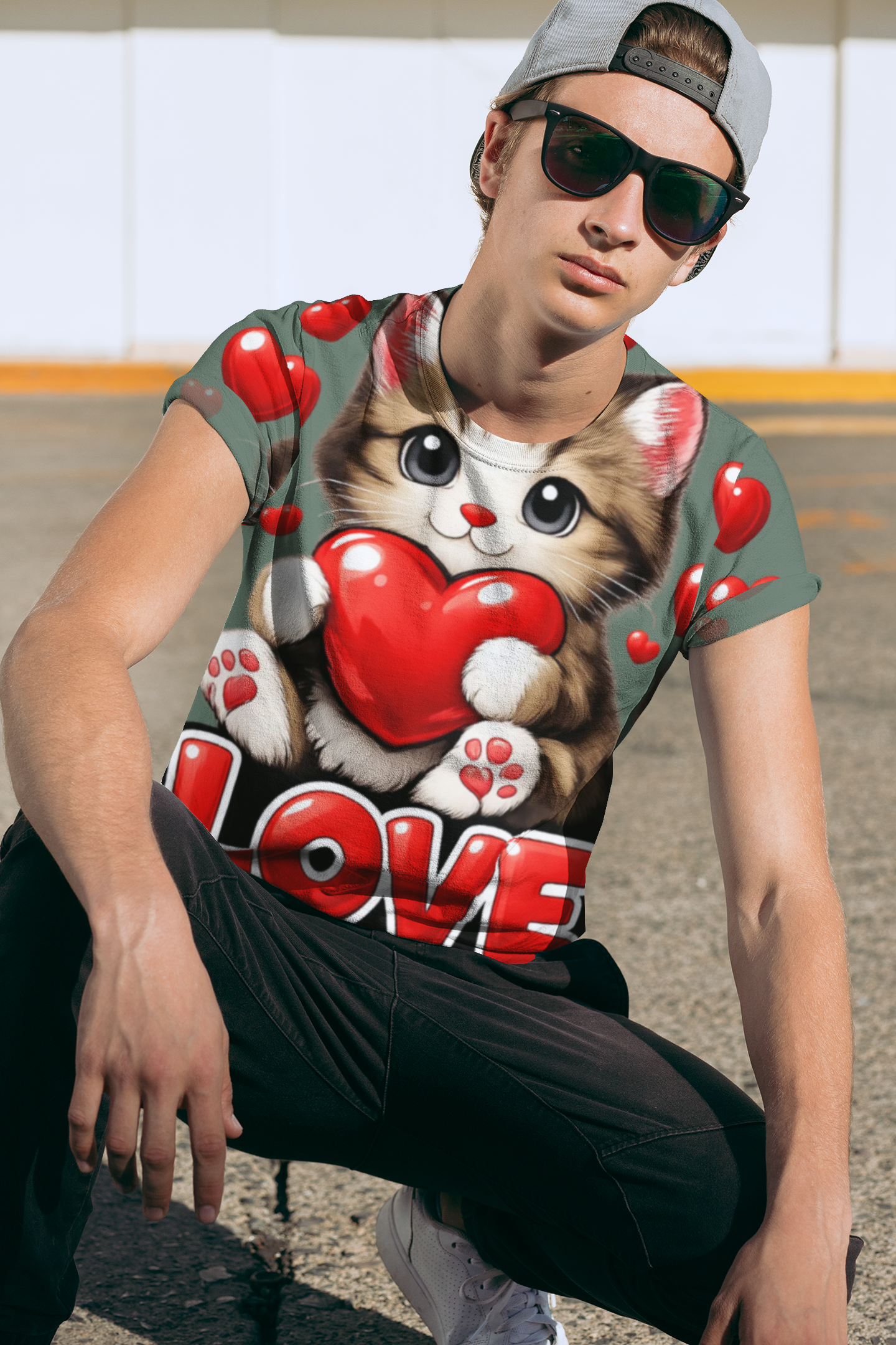 Cute Kitten Holding Heart "LOVE" T-Shirt