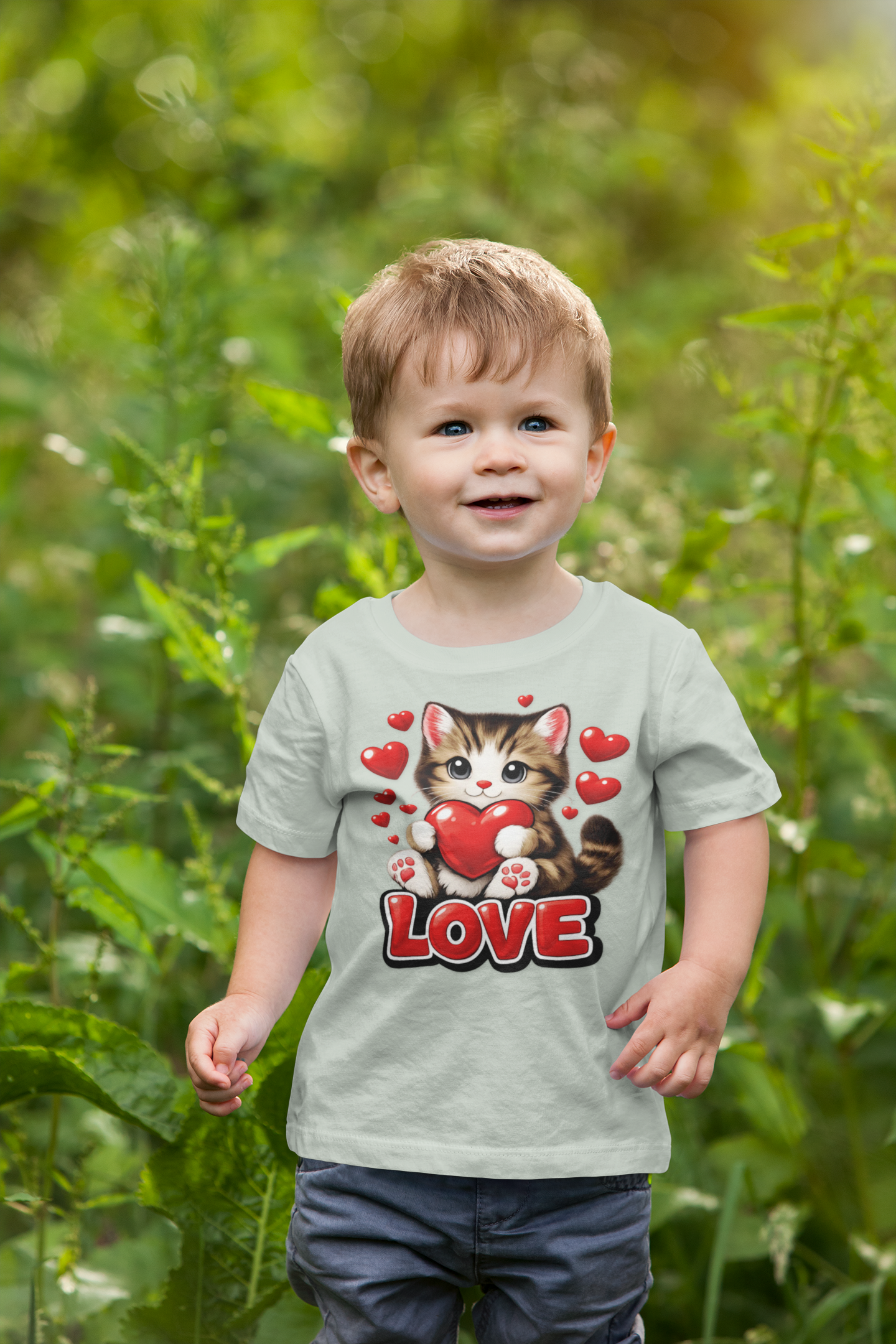 Cute Kitten Holding Heart "LOVE" T-Shirt