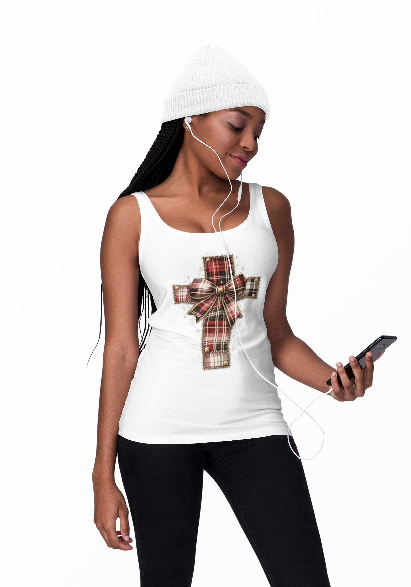 Plaid Bow Cross Sweatshirt — Christmas Plaid Religious Holiday Crewneck