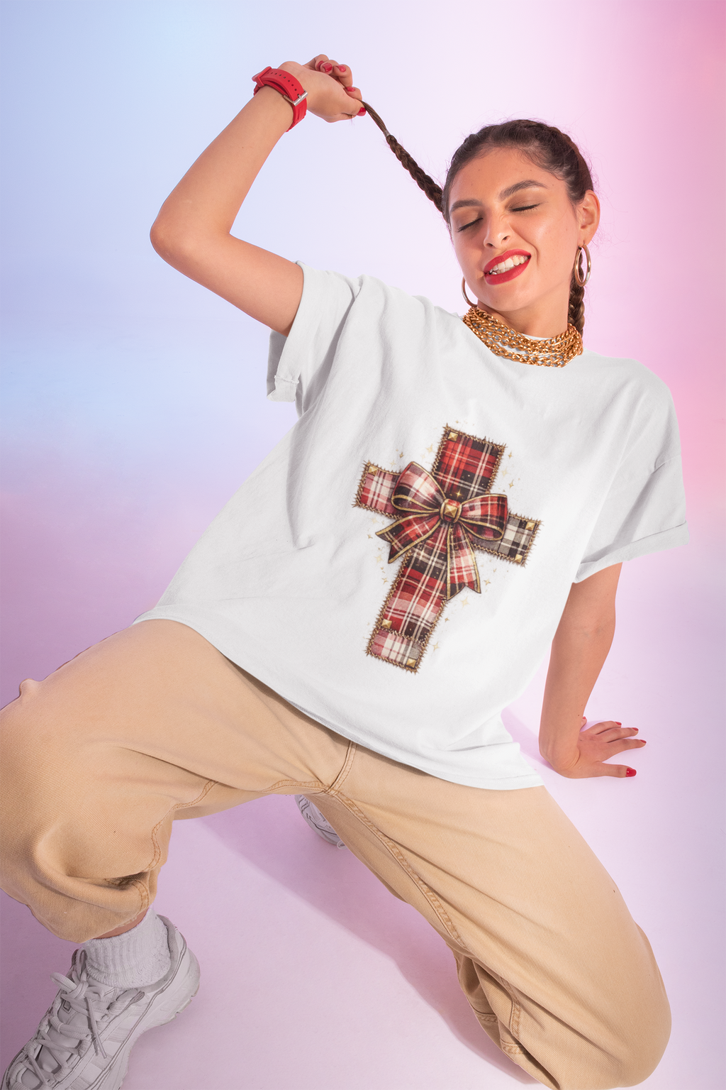 Plaid Bow Cross Sweatshirt — Christmas Plaid Religious Holiday Crewneck