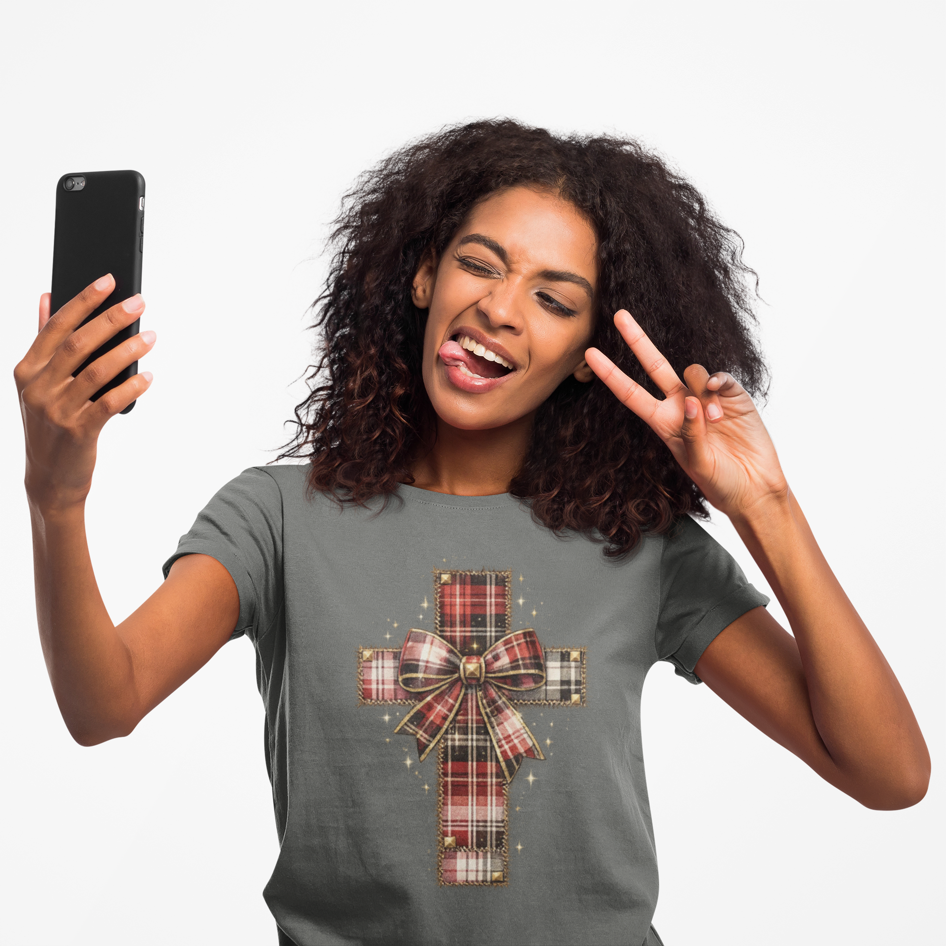 Plaid Bow Cross Sweatshirt — Christmas Plaid Religious Holiday Crewneck